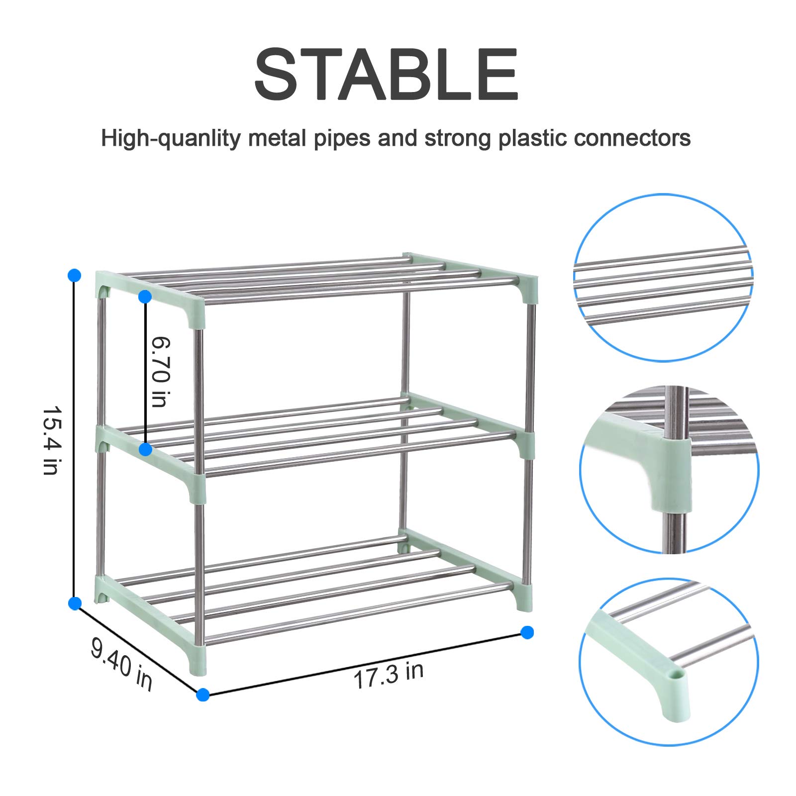 Stackable Small Shoe Rack - 3 Tier Shoe Storage Shelf Organizer for Entryway, Living Room, Hallway | Space Saving Closet & Mudroom Organization (Green)