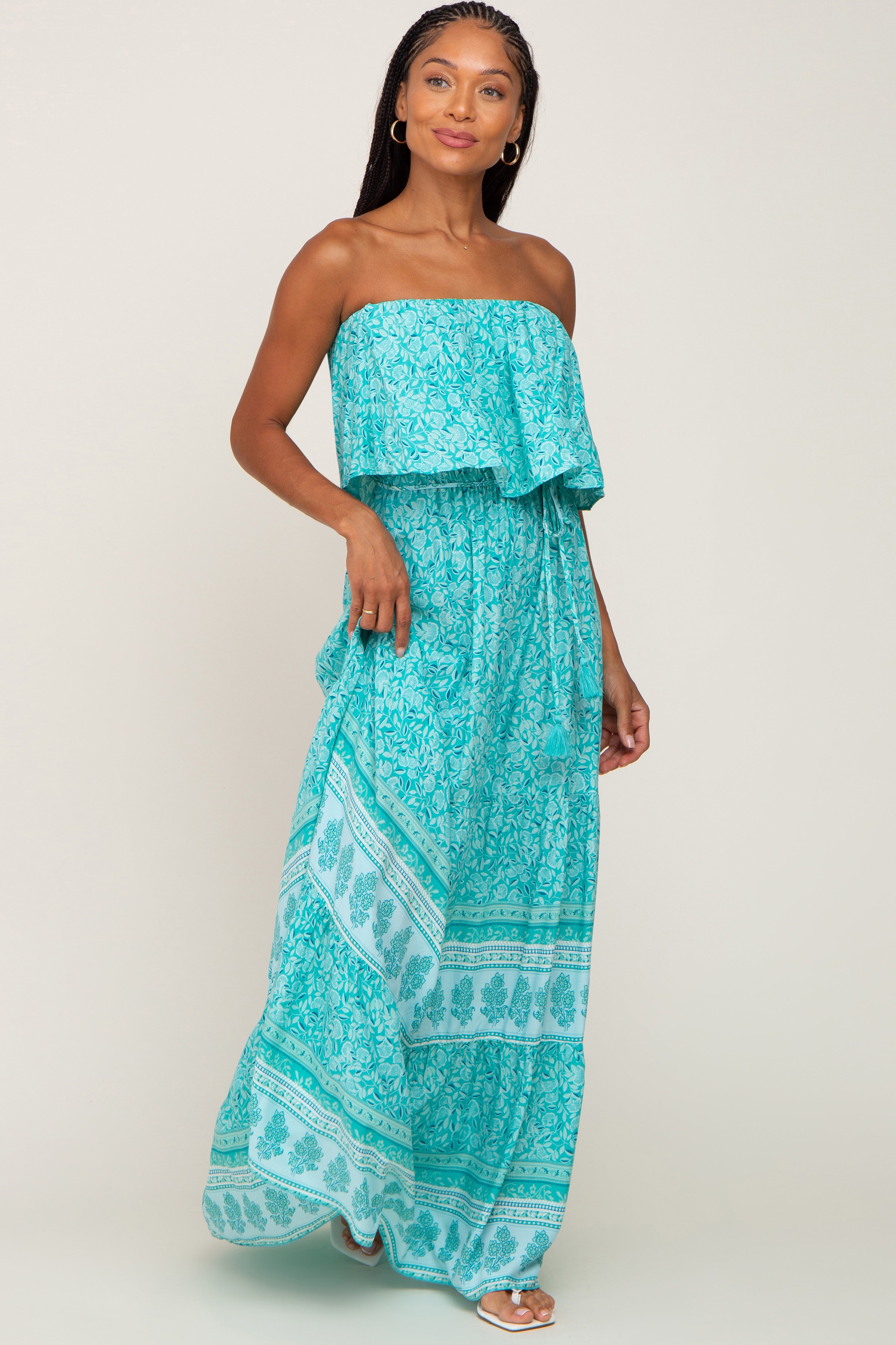 Aqua Floral Ruffle Layered Strapless Maternity Maxi Dress for Pregnancy Photoshoot, Baby Shower & Summer Beach Vacation - Comfortable Stretchy Nursing Dress for Expecting Mothers