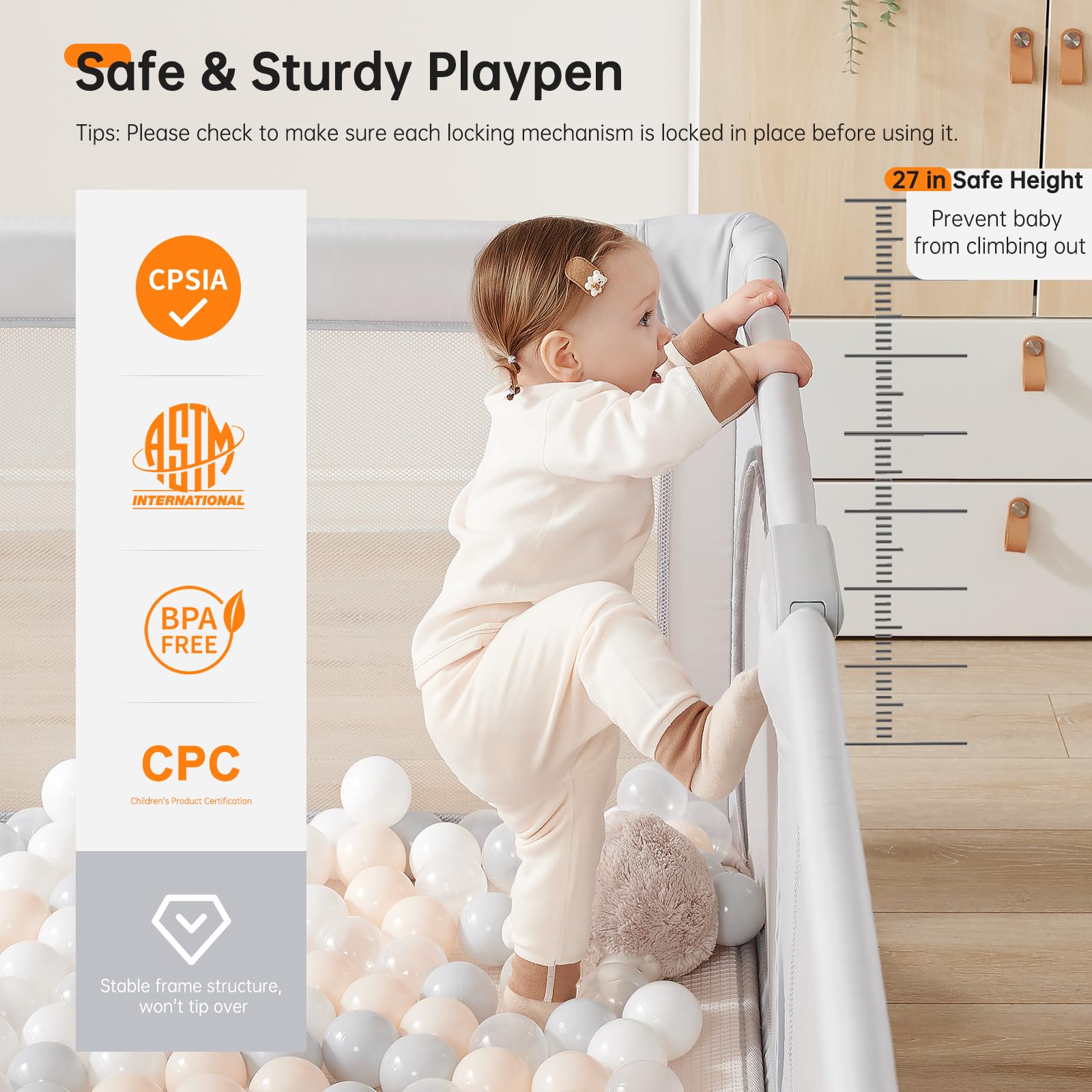 Foldable Baby Playpen - 59”x59” Portable Play Yard for Infants & Toddlers with Zipper Door | Indoor & Outdoor Safety Play Area | Light Grey Collapsible Playpen with Travel Bag | Perfect for Home, Park, and Travel Use