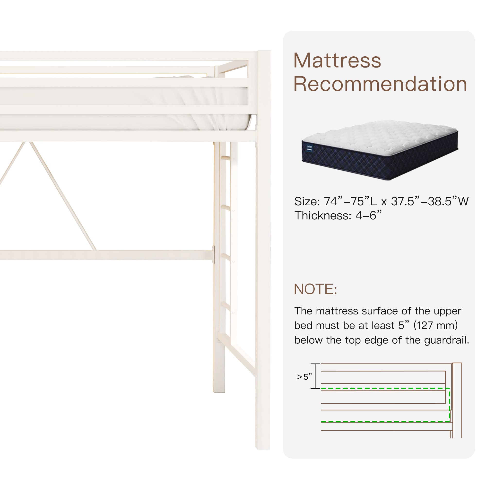 ikalido Twin Size Metal Loft Bed with Safety Guardrail & Ladder - Space Saving Bedroom Furniture, No Box Spring Needed, Cream White - Perfect for Kids Rooms, Dorms & Small Apartments