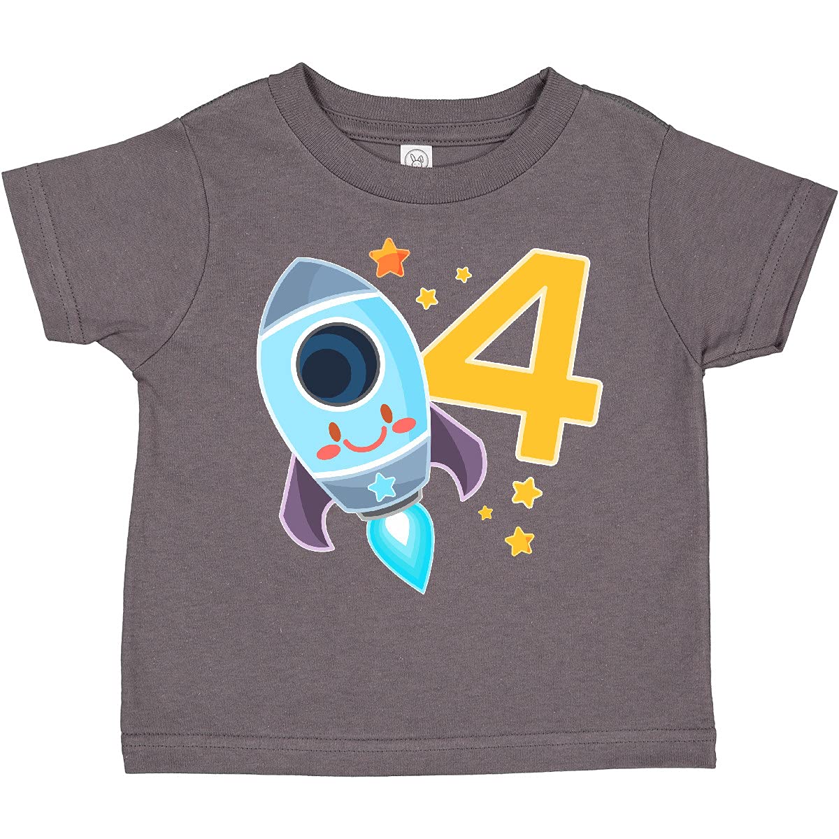 Inktastic Rocket Space Ship Happy 4th Birthday Toddler T-Shirt - Cute Astronaut Themed Outfit for Kids Birthday Party & Space Adventure Play