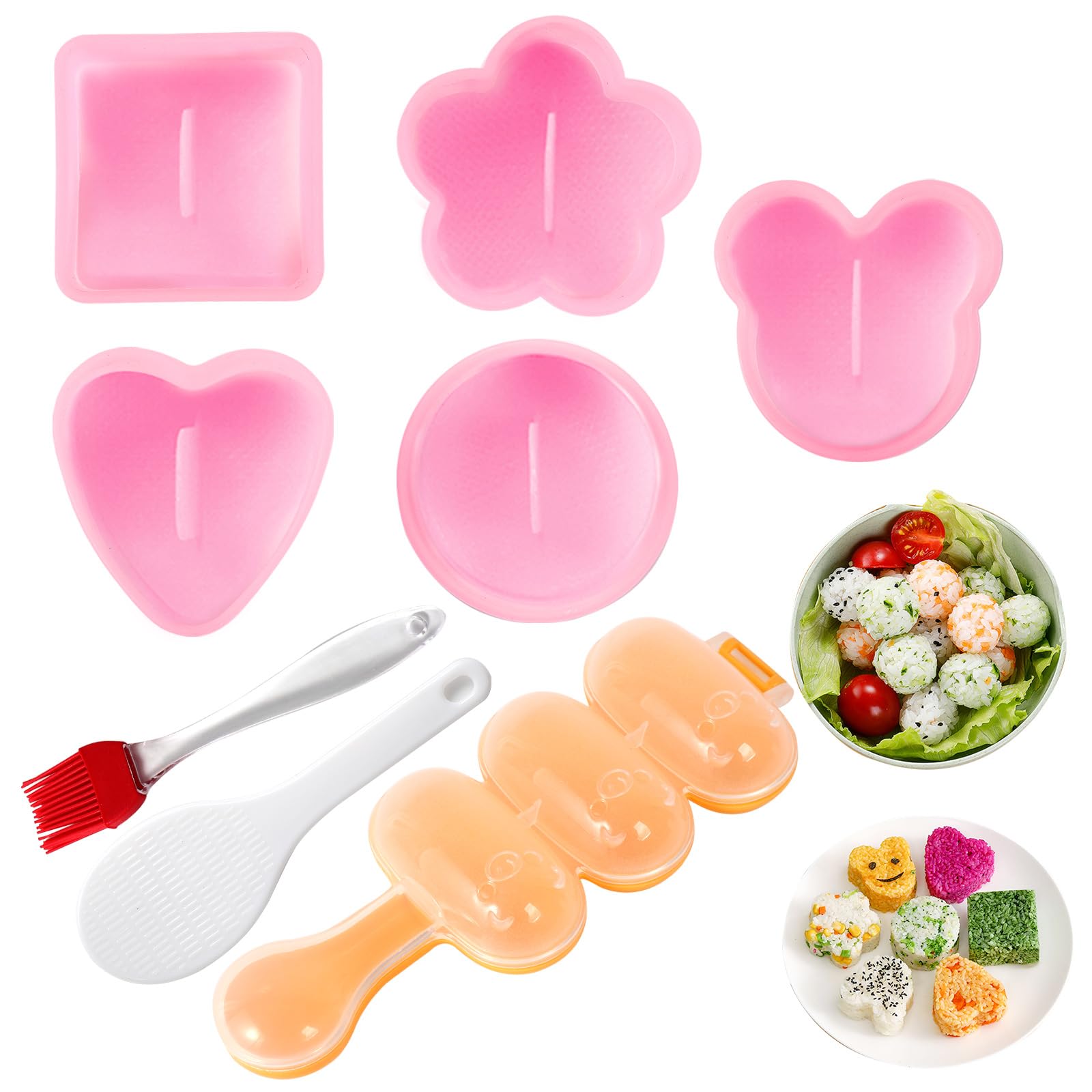 8-Piece Sushi Onigiri Musubi Maker Kit - Rice Ball Mold with Small Paddle & Brush for Perfect Homemade Japanese Snacks (Pink) | Ideal for Bento Boxes, Picnics & Party Food Prep