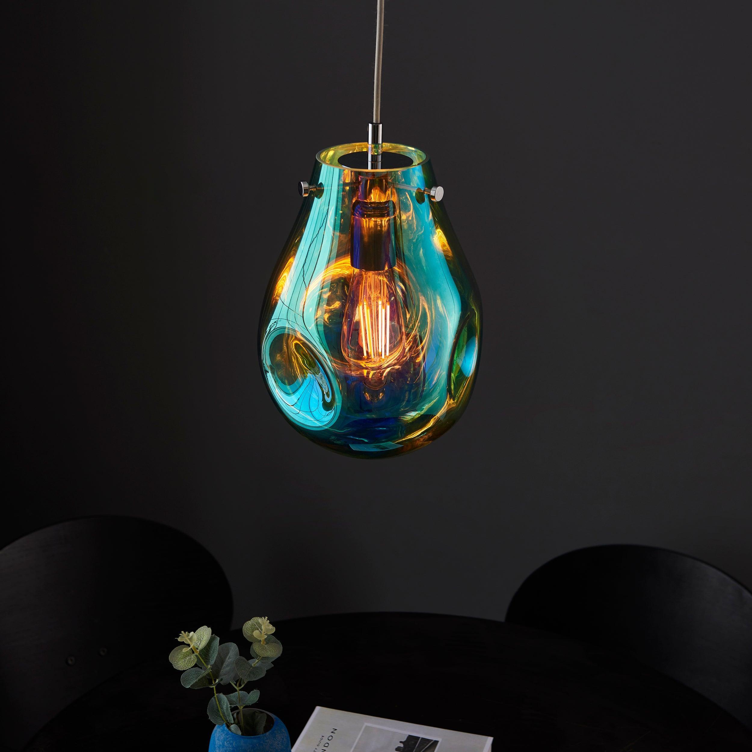 Dazzle Modern Glass & Chrome Ceiling Pendant Light - Petrol Blue Medium Size for Dining Room, Kitchen Island or Bedroom Lighting