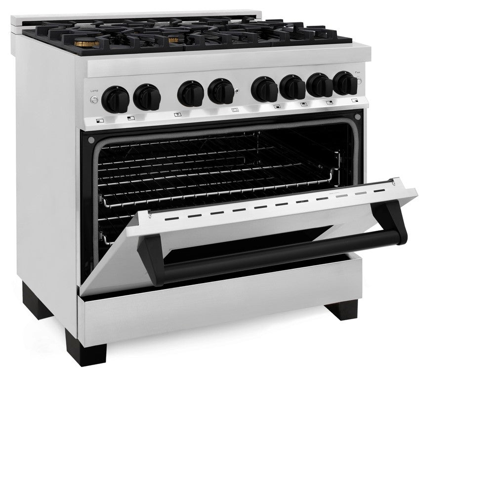 ZLINE Autograph Edition 36-inch Stainless Steel Kitchen Package - Dual Fuel Range, Range Hood, Dishwasher & Refrigerator with External Water Dispenser - Matte Black Accents (4AKPR RARHDWM36 MB) | Premium Kitchen Appliances for Modern Homes & Professional Chefs
