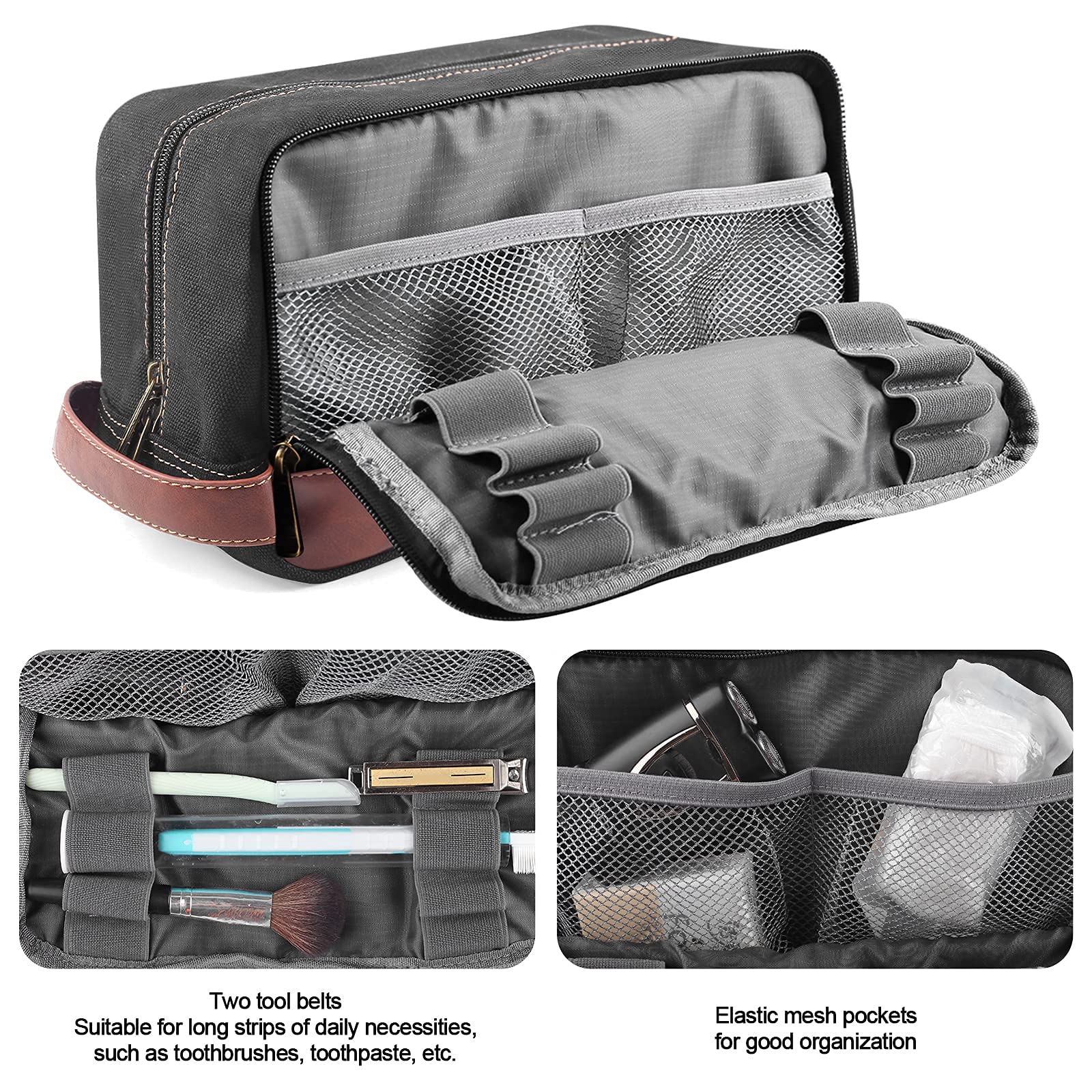 Waterproof Canvas Travel Toiletry Bag for Men & Women - Hanging Vegan Leather Dopp Kit Organizer with Multiple Pockets for Shaving, Cosmetics & Toiletries Accessories - Perfect for Camping, Gym & Business Trips