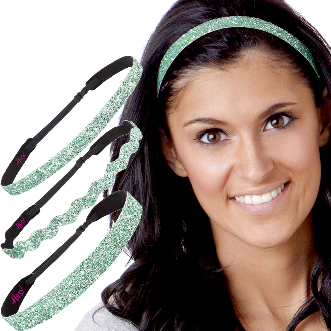 Sparkly Bling Headbands for Women & Girls - Adjustable No Slip 3-Pack Mixed Colors (Seafoam Green Glitter) - Perfect for Sports, Workouts, School & Fashion Accessories