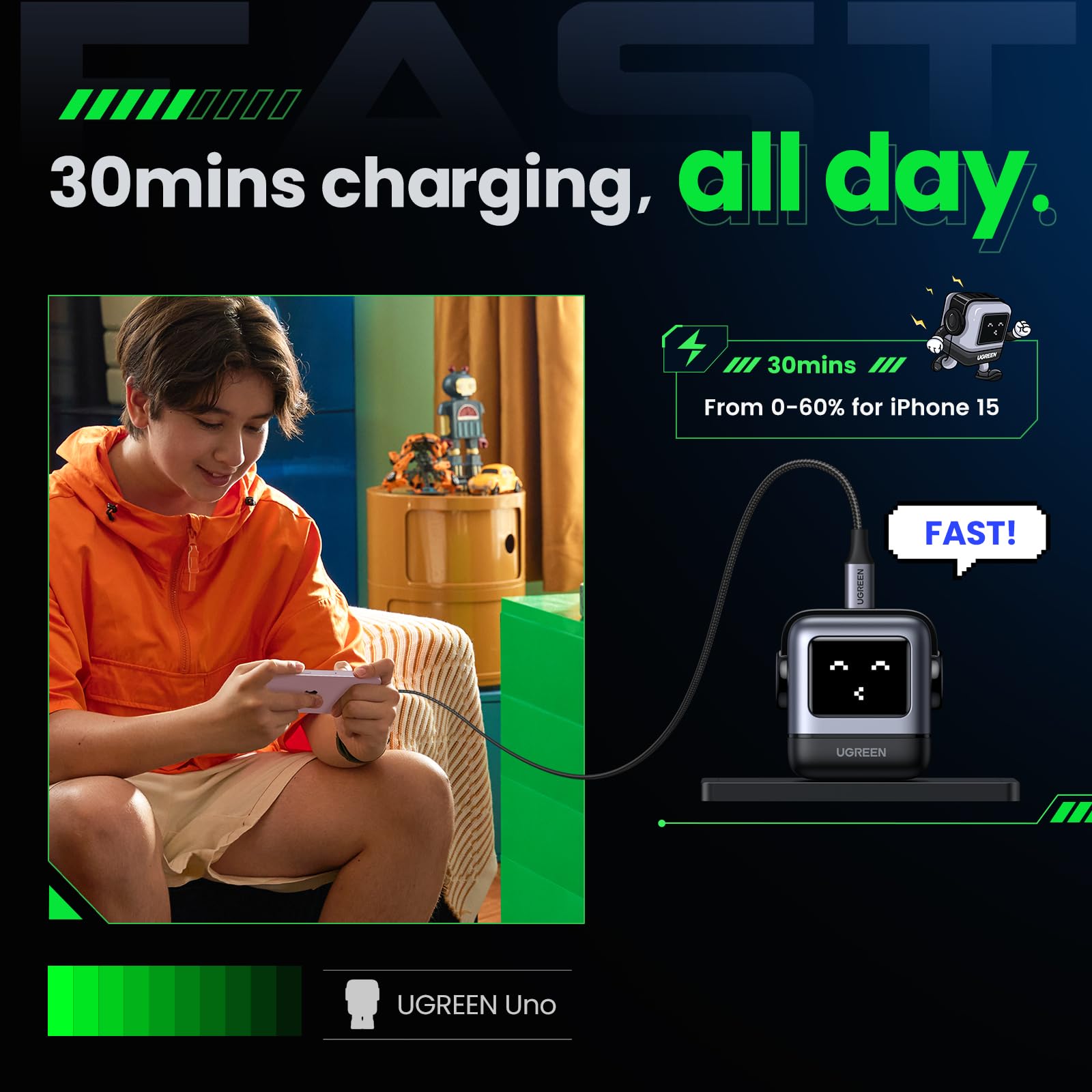 UGREEN Nexode 30W GaN Fast USB C Charger - Compact Wall Charger Block for iPhone 15/14 Pro Max, Galaxy S24/S23, Pixel 8/7 Pro, MacBook Air & iPad Pro - Fast Charging Power Adapter for Home, Office & Travel (Black)