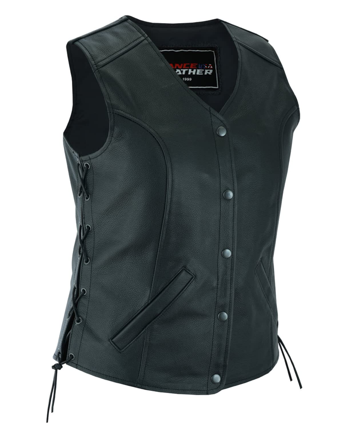 Vance VL1048S Women's Black Leather Motorcycle Vest - 5 Snap Closure, Side Laces & Conceal Carry Pocket | Biker Jacket for Riding, Outdoor Adventure & Casual Wear