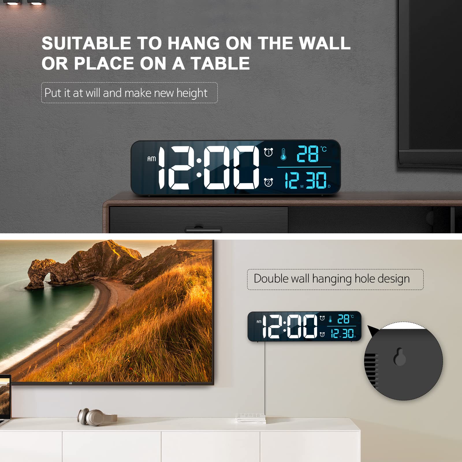 Digital Alarm Clock with Large Display - Wired Wall/Desk Clock for Bedroom, Office & Living Room Decor - Blue LED Backlight & Smart Features - Perfect for Nightstands, Workstations & Home Décor
