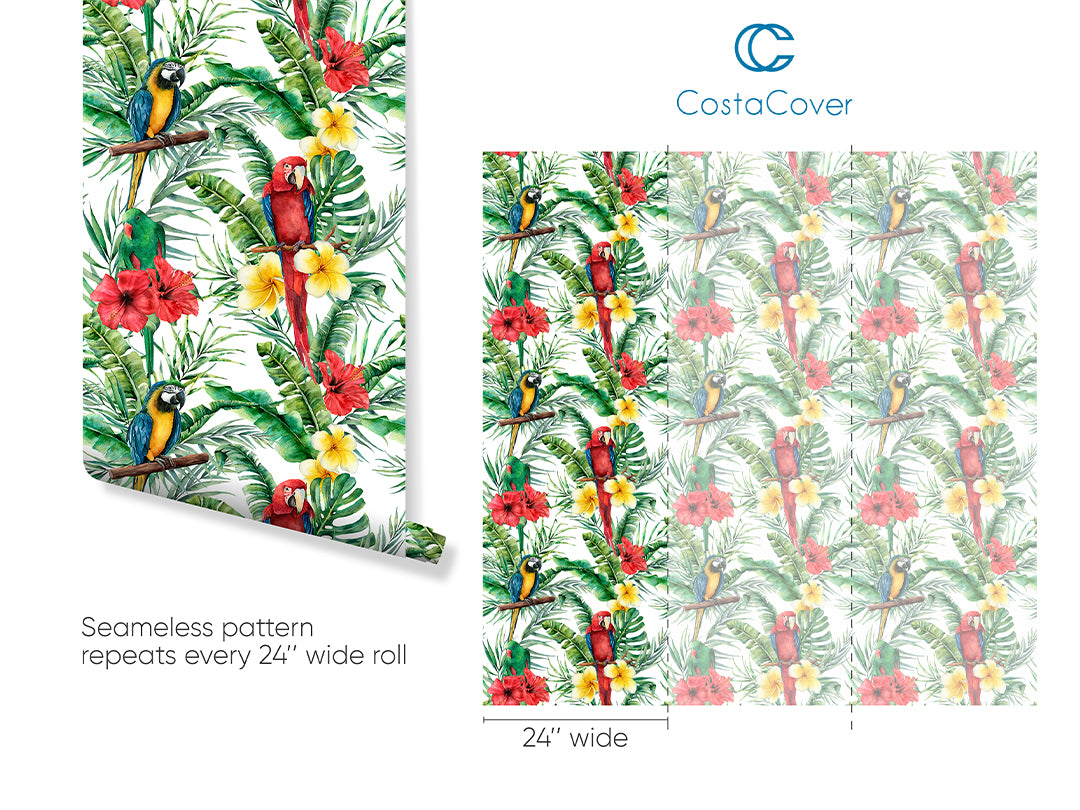 Tropical Parrots & Flowers Peel and Stick Wallpaper - Self-Adhesive Removable Wall Decor for Bedroom, Living Room, Nursery - Vibrant CC041 Design