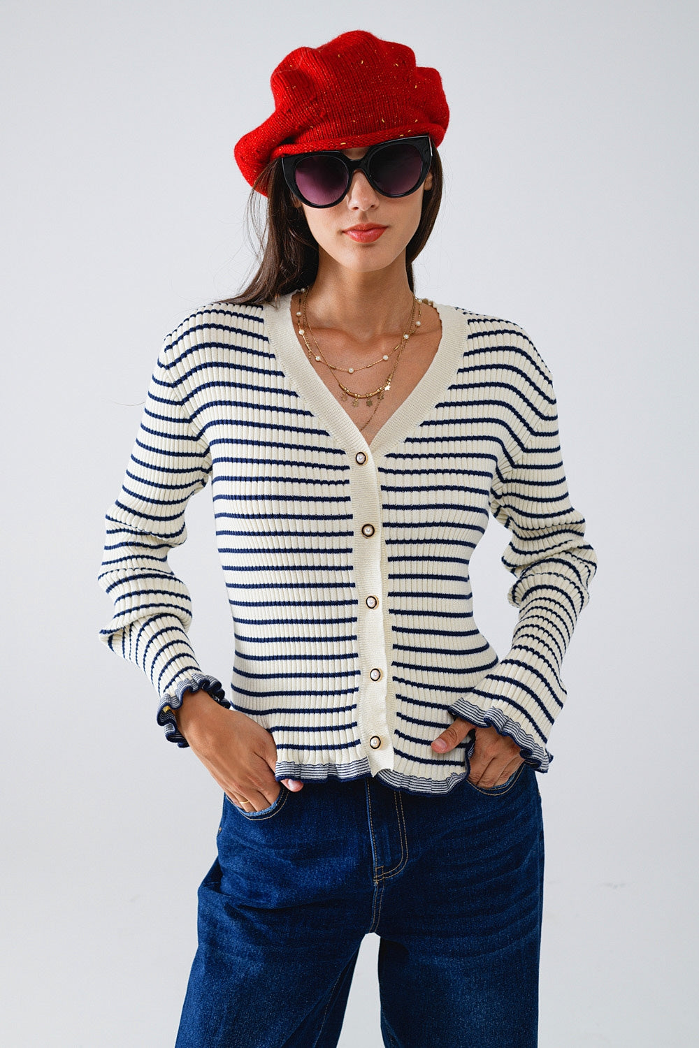 Cream Striped Cardigan with Ruffled Hem - Perfect for Casual Outfits, Office Wear & Cozy Fall Layering