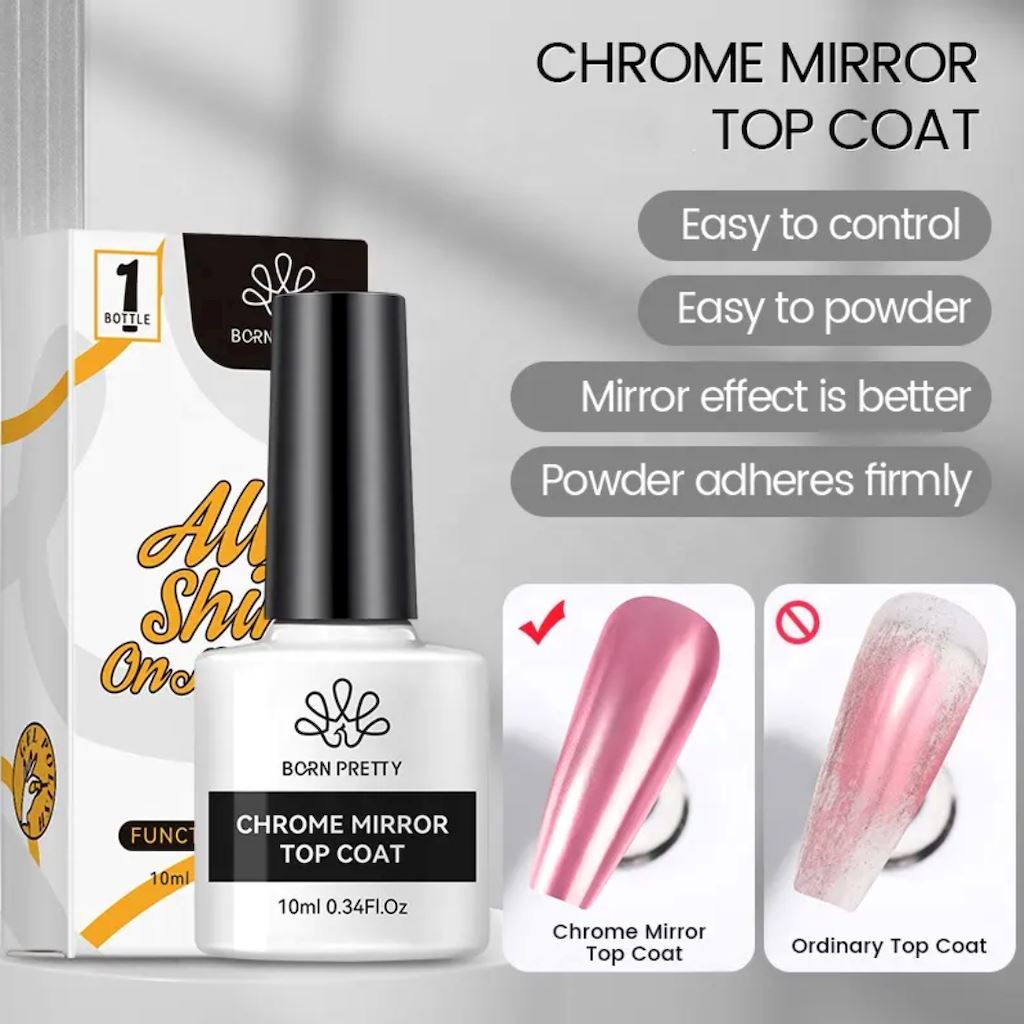 Born Pretty Chrome Mirror Top Coat Nail Polish - 10ml High Gloss Metallic Finish for Salon-Quality Manicures at Home | Perfect for Parties, Weddings & Special Occasions
