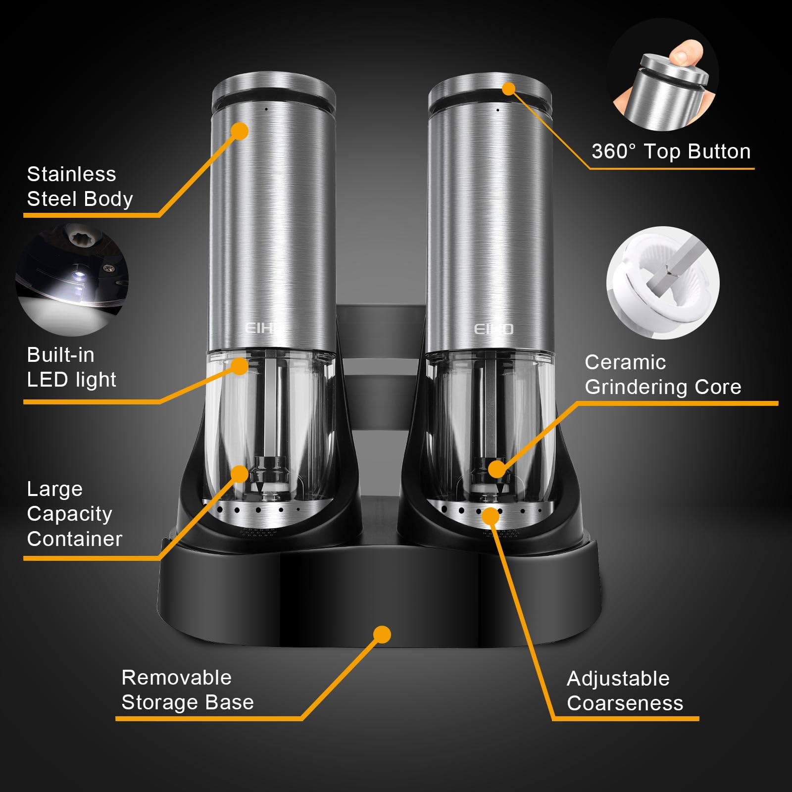 Premium Electric Salt and Pepper Grinder Set - USB Rechargeable, Adjustable Coarseness, Stainless Steel Automatic Mill with LED Light - Perfect for Kitchen, Dining & Housewarming Gifts