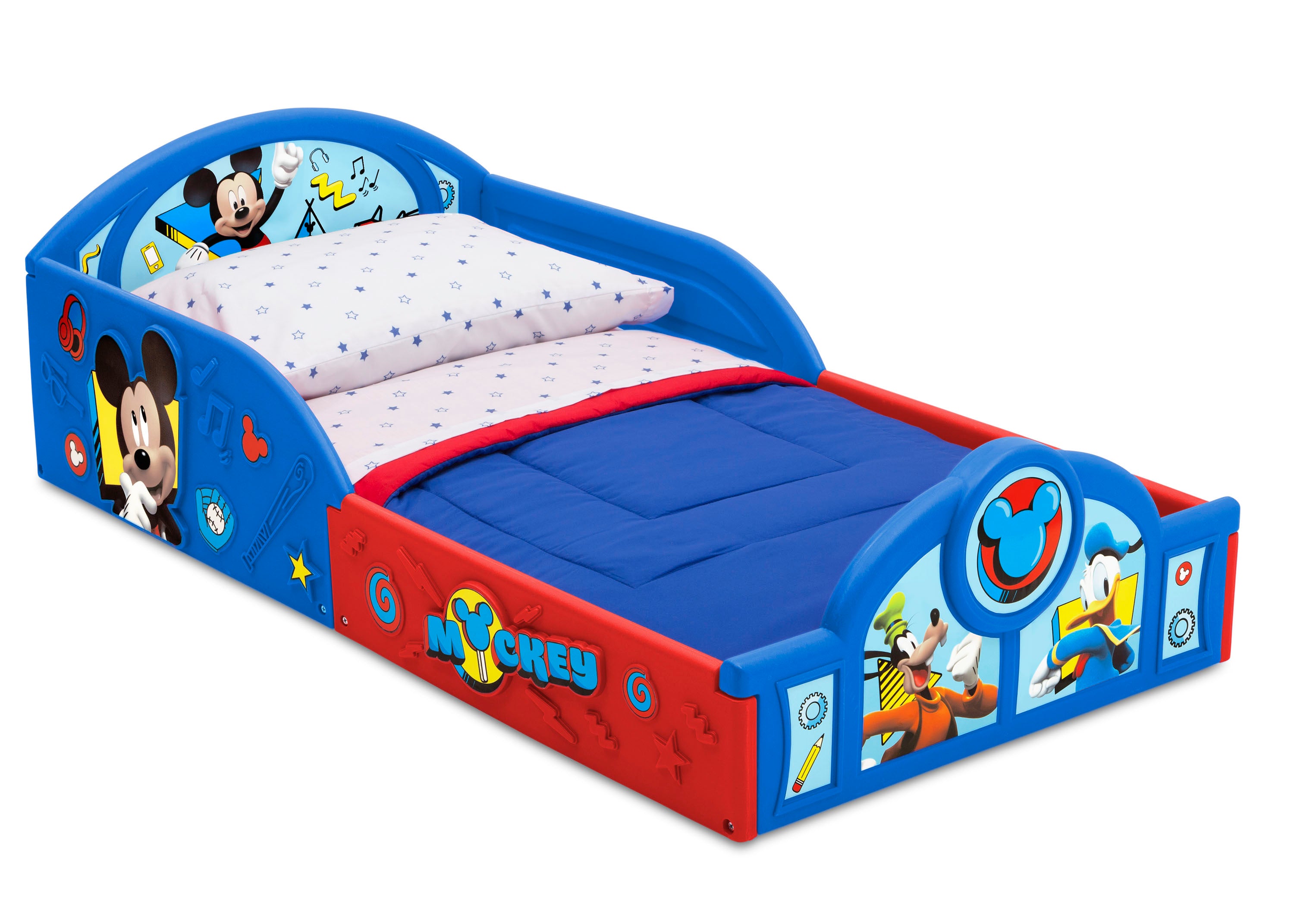 Mickey Mouse 4-Piece Kids Bedroom Set - Toddler Bed, Toy Storage Bin & Study Desk with Chair - Perfect for Disney-Themed Nursery or Playroom Decor
