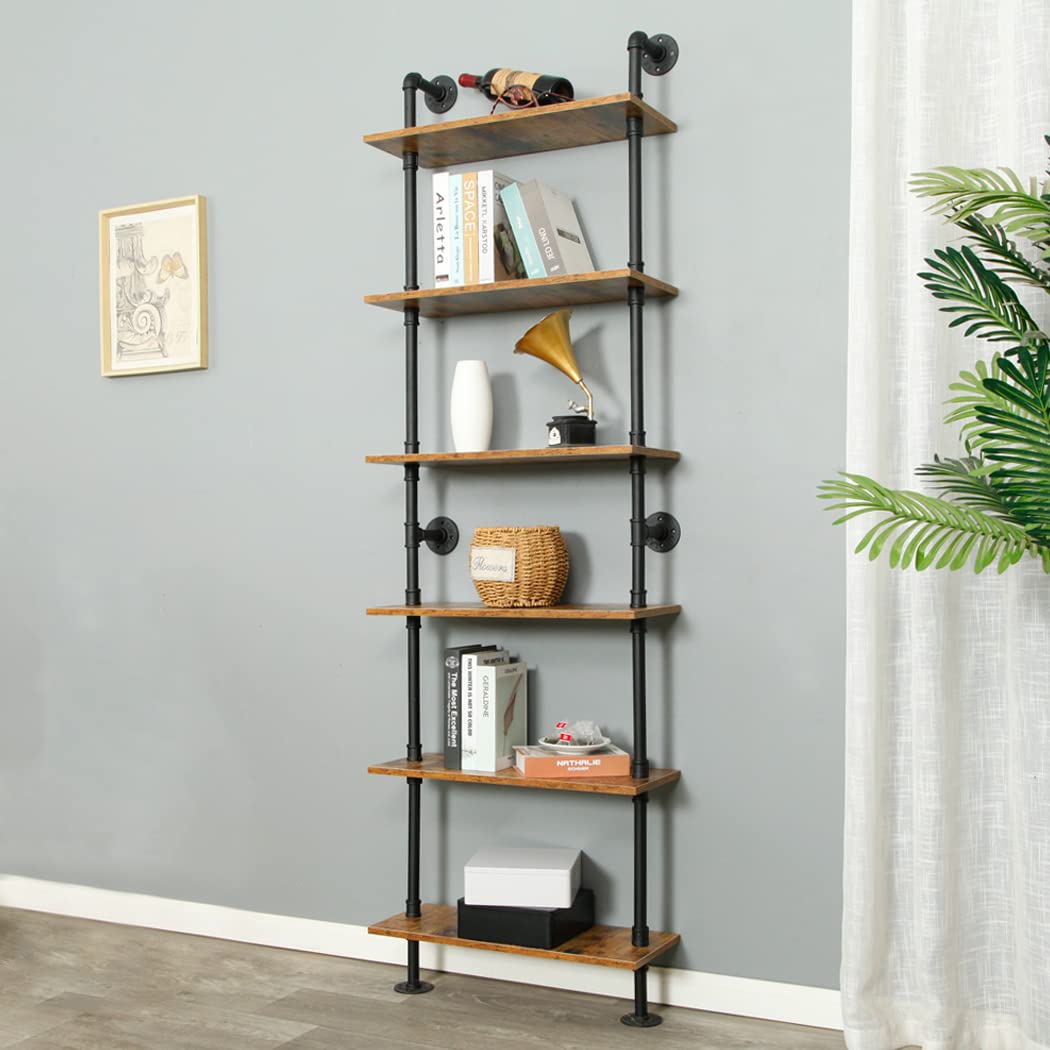 6-Tier Industrial Pipe Shelving - Modern Metal Frame Bookcase & Ladder Shelf for Home, Living Room, Office - Wall Mount Bookshelf with Wood Shelves (23.6