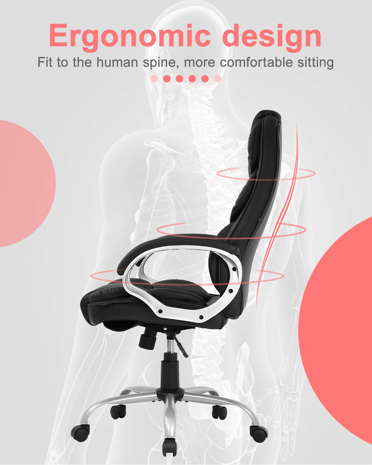 Ergonomic Office Chair - High Back PU Leather Executive Desk Chair with Adjustable Lumbar Support, Headrest & Armrest - Rolling Swivel Task Chair for Home & Office Workspace (Black) - Perfect for Long Hours of Computer Work, Gaming, and Remote Working