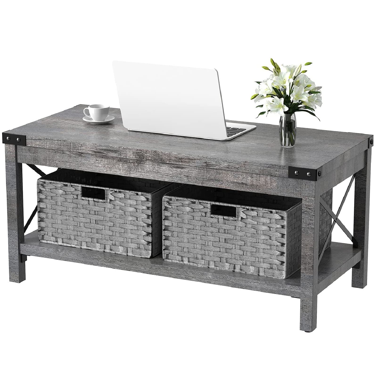 Modern Farmhouse Coffee Table with 2 Storage Baskets - Rustic Industrial Grey Wood Living Room Table with Reinforced Top | Perfect for Small Spaces, Apartments & Cozy Home Decor