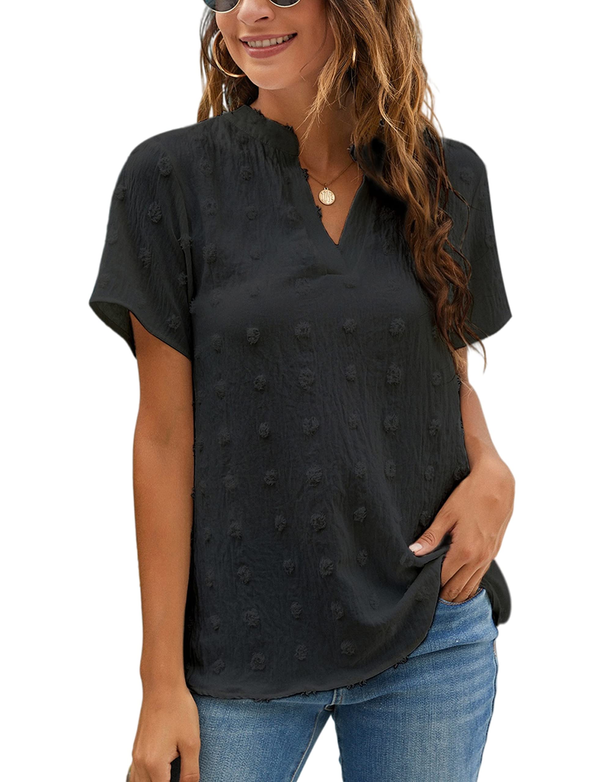 Women's White Chiffon Blouse - Short Sleeve V-Neck Polka Dot Summer Top for Casual Wear & Office Outfits | Lightweight Flowy Shirt for Women's Fashion