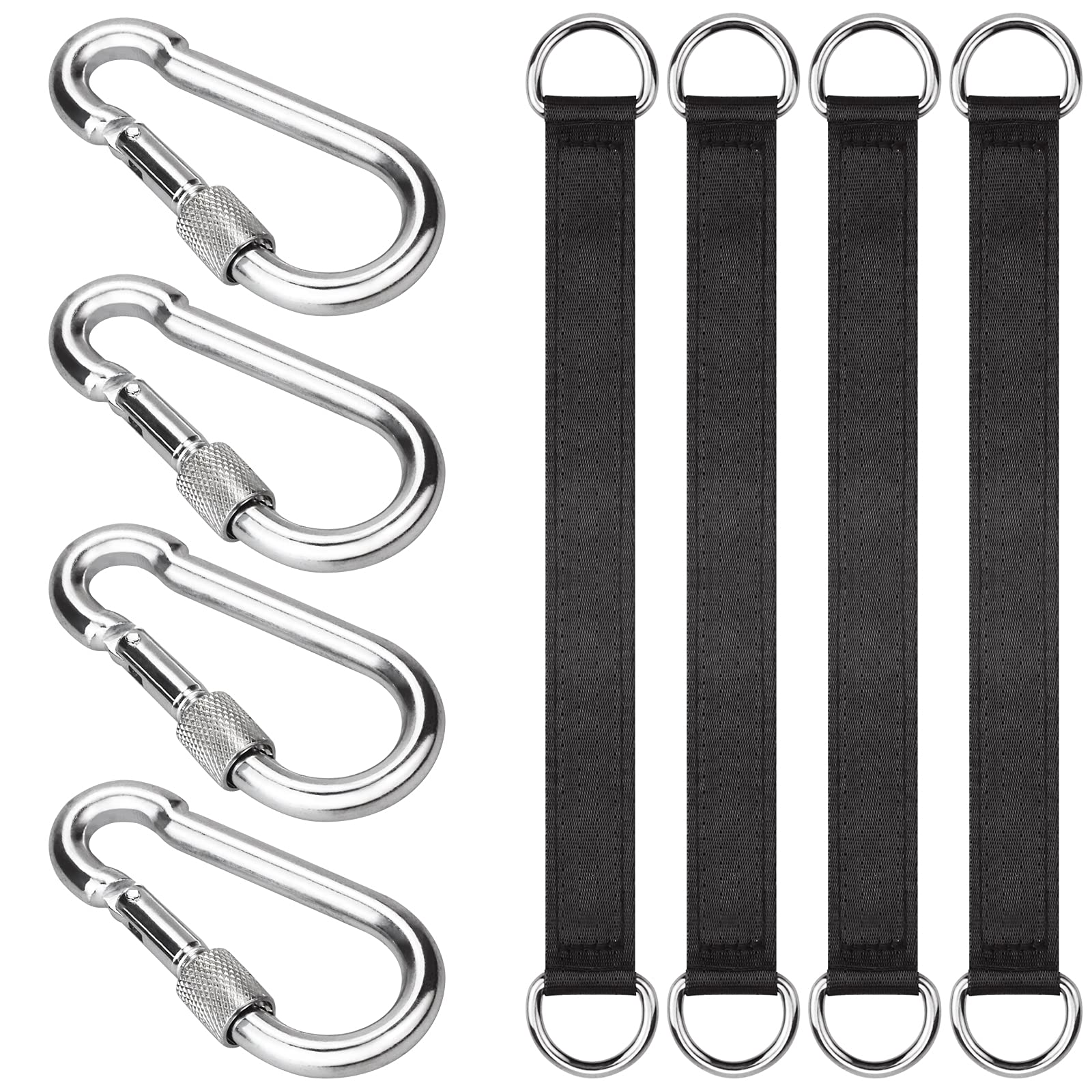 4 PCS Heavy Duty Black Tree Swing Straps Hanging Kit with 4 Carabiners - 24cm/9.4in Length, 220 lbs Weight Capacity - Perfect for Tree Swings, Hammocks, Backyard Play & Outdoor Relaxation