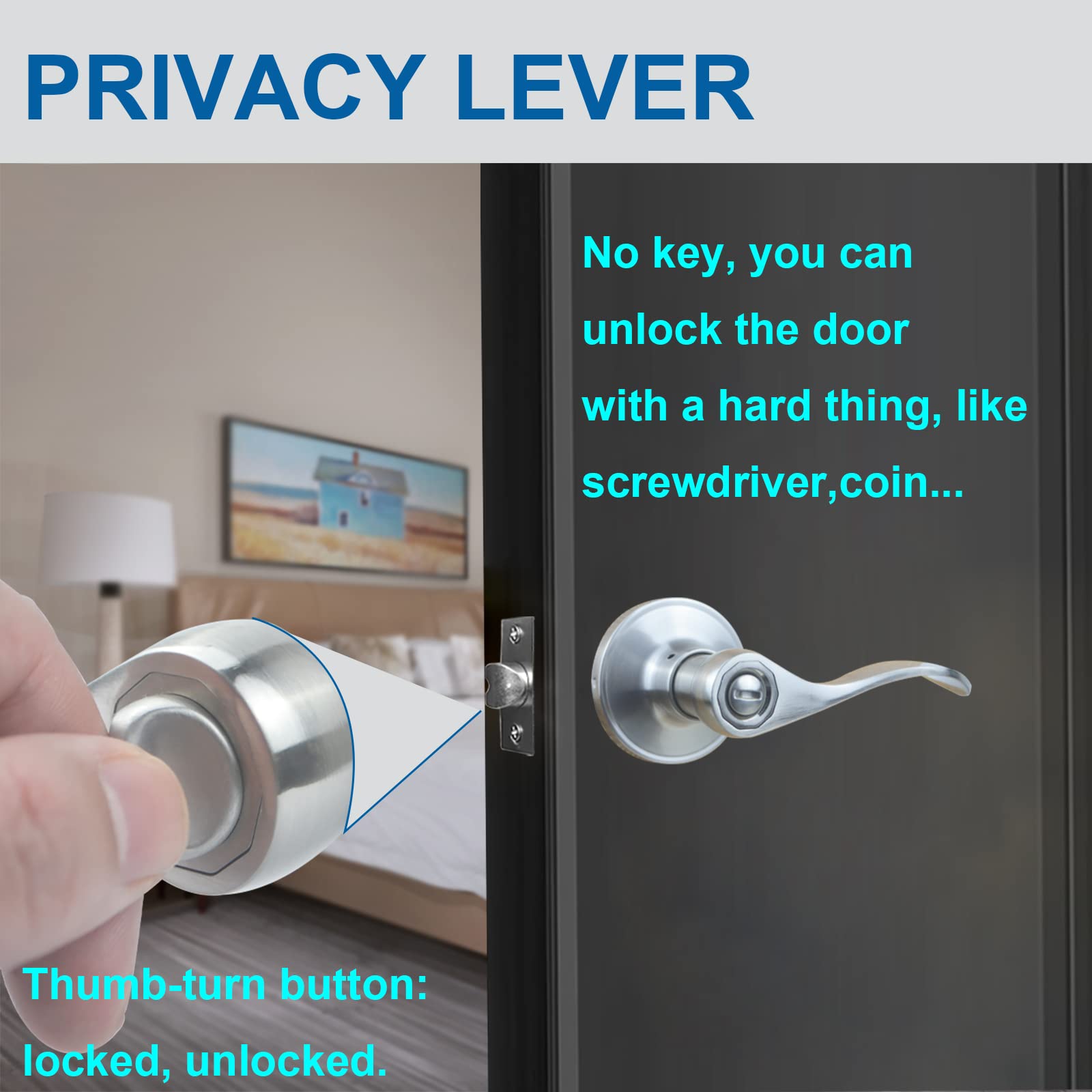 Wave Style Door Lever Handleset - Keyless Privacy Function for Interior Bathroom & Bedroom - Satin Nickel Finish - Left/Right Handed - 1 Pack - Perfect for Home Renovation & Modern Interior Design