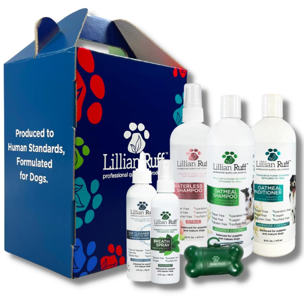 Premium Dog Grooming Starter Kit - Oatmeal Shampoo & Conditioner, Waterless Citrus Shampoo, Ear Cleaner, Breath Freshener, Waste Bag Dispenser with 15 Bags - Perfect for Travel, Daily Care & Puppy Bath Time