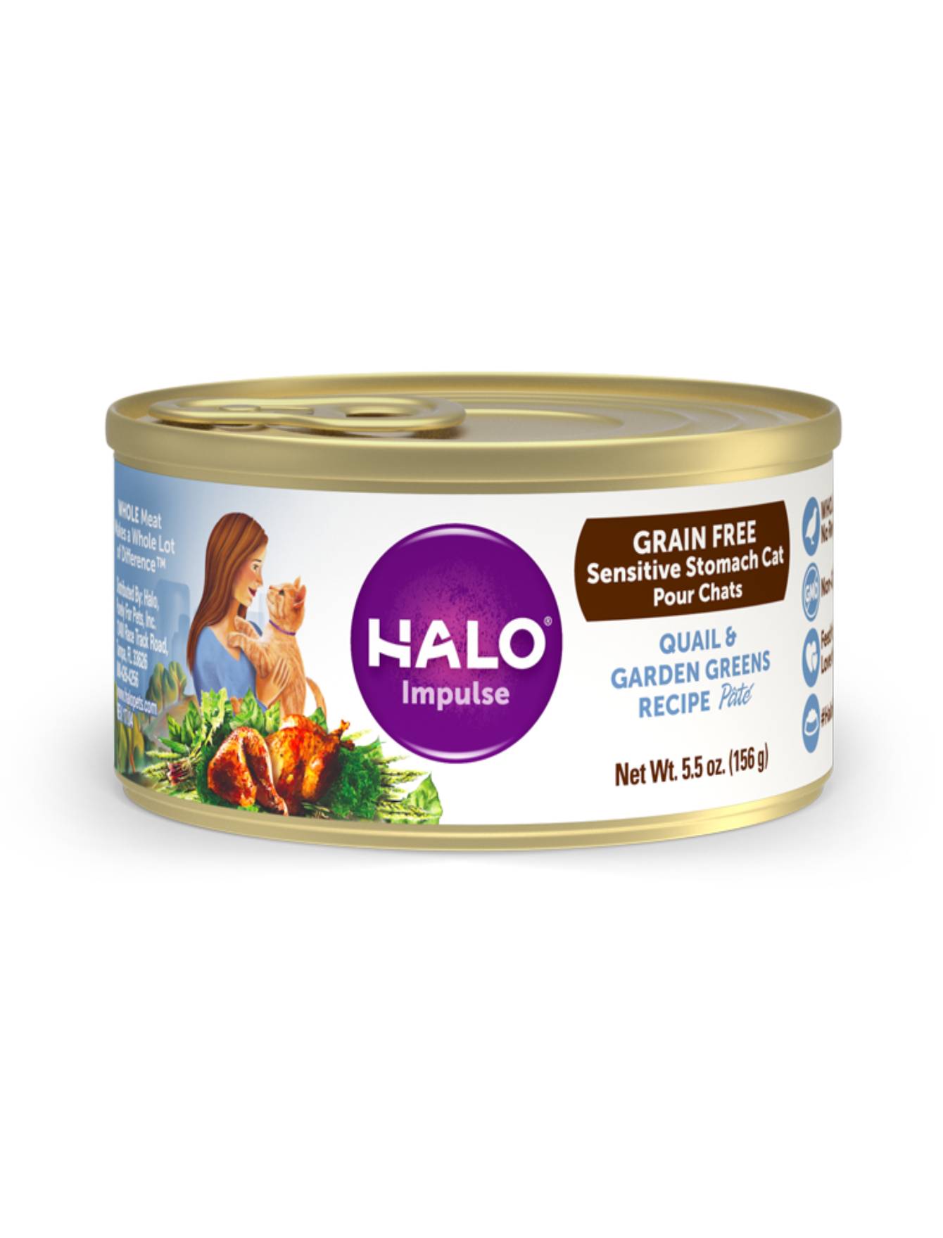 Halo Sensitive Stomach Quail & Garden Greens Recipe Pâté Wet Cat Food 5.5oz - Grain Free, Easy to Digest for Cats with Sensitive Stomachs - Perfect for Mealtime or as a Tasty Topper