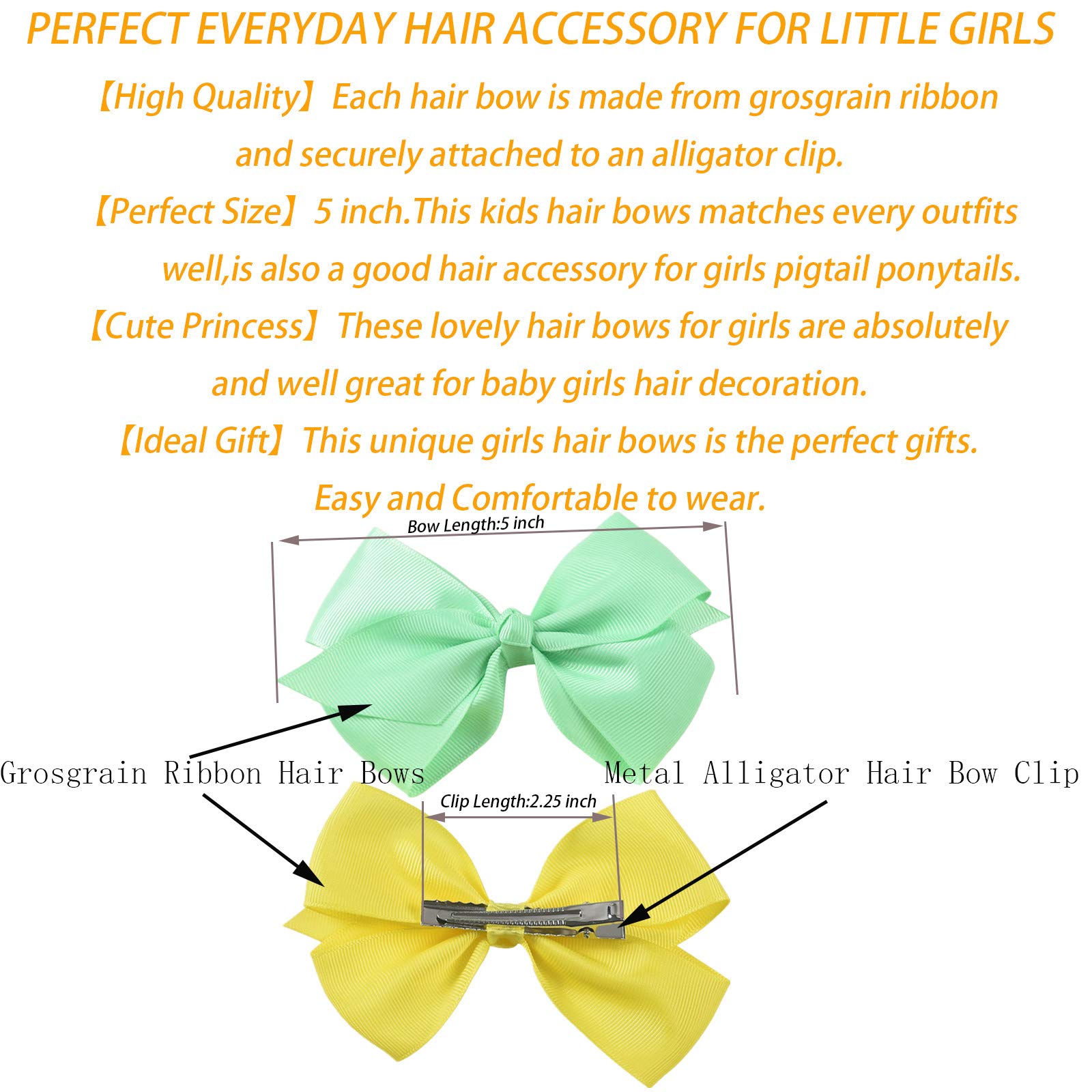 5 Inch Grosgrain Ribbon Hair Bows for Girls - 12 Pack Colorful Hair Clips & Accessories - Perfect for School, Parties, and Everyday Style