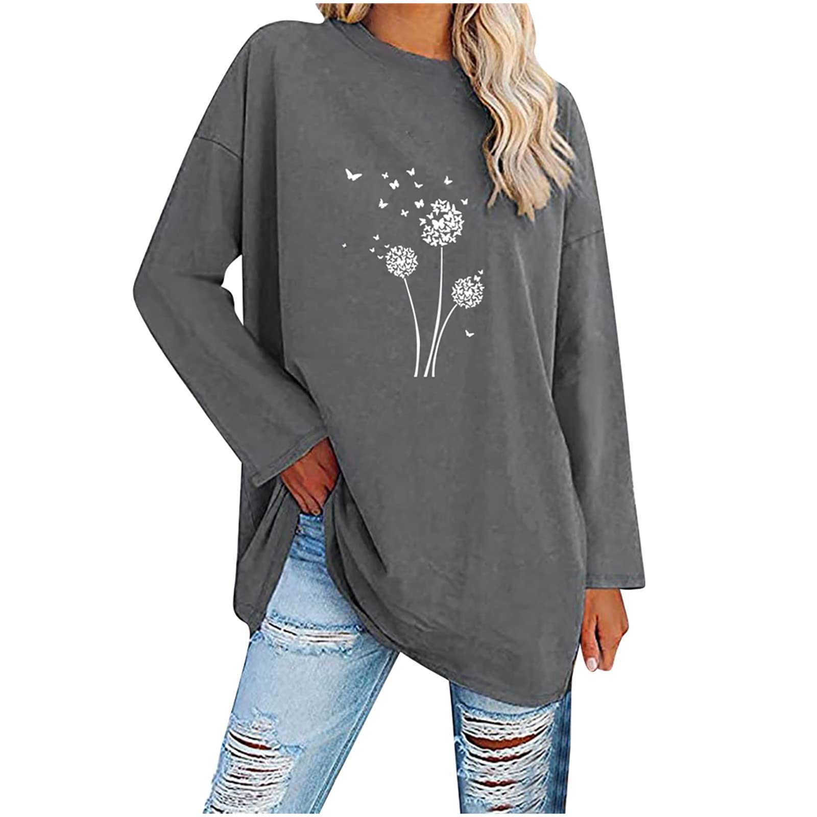 Women's Casual Dandelion Print Tunic Shirt - Round Neck Long Sleeve Loose Pullover Tee for Fall | Comfortable & Stylish for Work, Weekend Outings & Layering