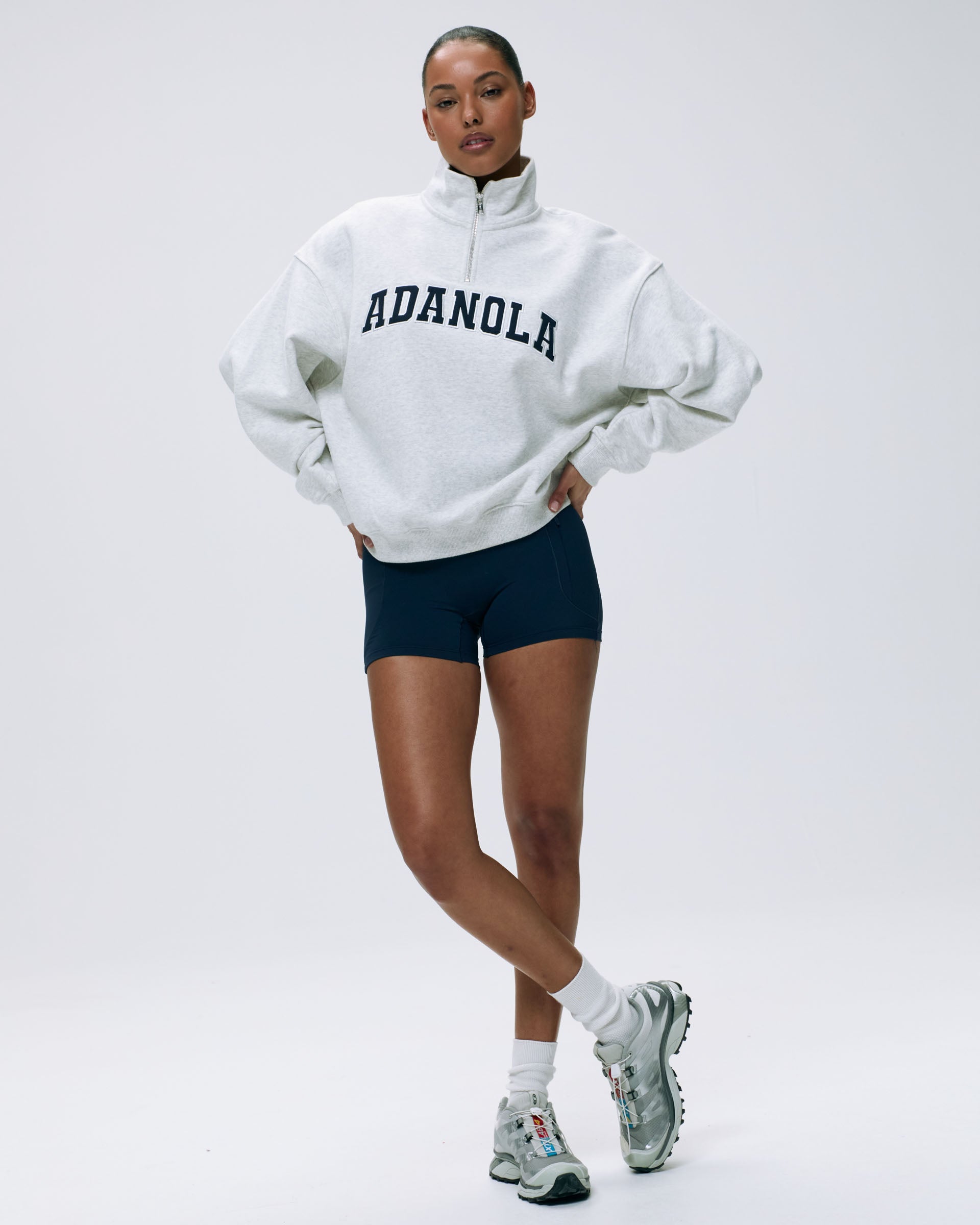 Varsity Relaxed Funnel Neck Zip Sweatshirt - Light Grey Melange & Navy Blue | Casual Pullover Hoodie for Men & Women | Perfect for College, Gym & Streetwear Fashion