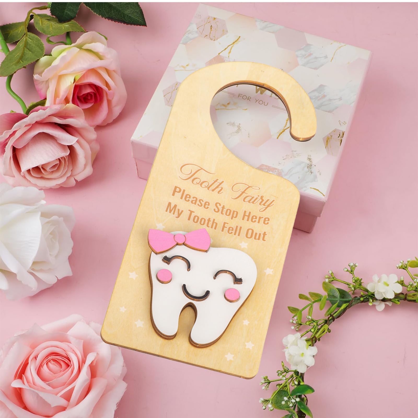 2PCS Tooth Fairy Door Hanger with Money Holder - 3D Wooden Tooth Keepsake Box & Lost Teeth Pouch for Kids - Perfect for First Tooth Celebration, Bedtime Tooth Exchange, and Encouraging Dental Hygiene in Boys & Girls