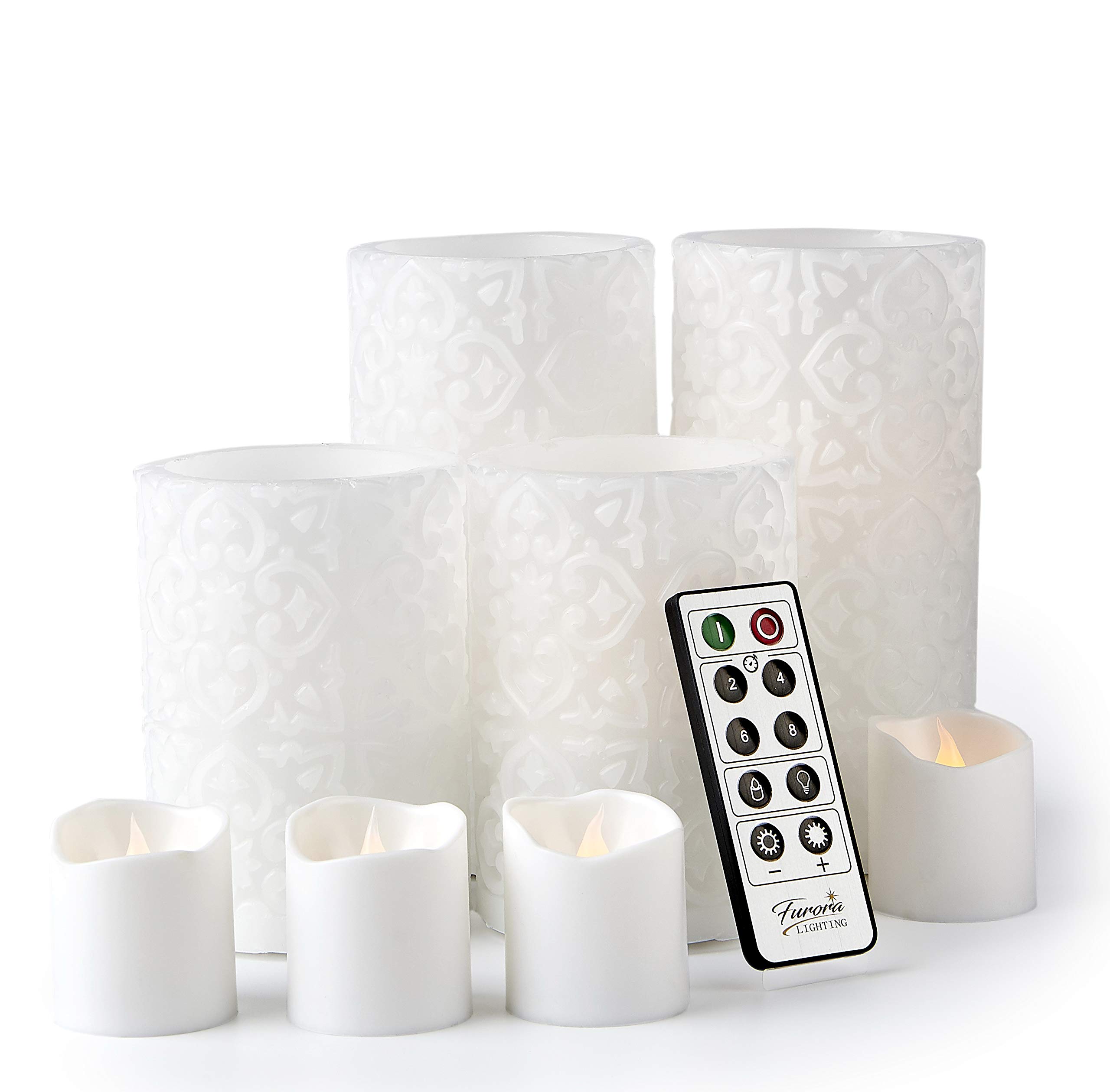 Furora LED Flameless Candles Set of 8 - Battery Operated Real Wax Pillar & Votive Candles with Remote Control, Flickering Flame Effect & Timer - White Rome Collection for Home Decor, Wedding Centerpieces & Romantic Ambiance