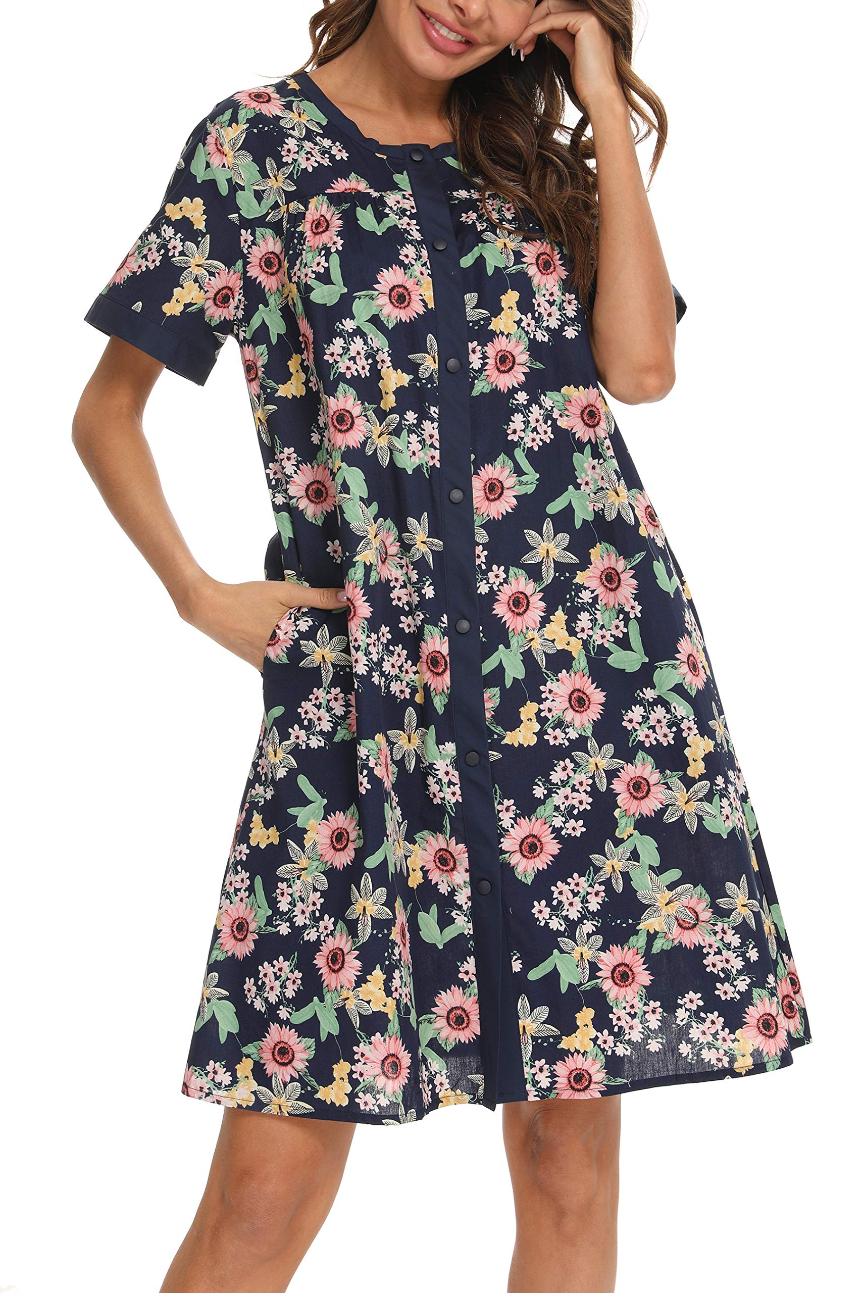 YOZLY Women's Short Sleeve House Dress - Casual Home Robe with Pockets | Perfect for Lounging, Morning Coffee & House Chores