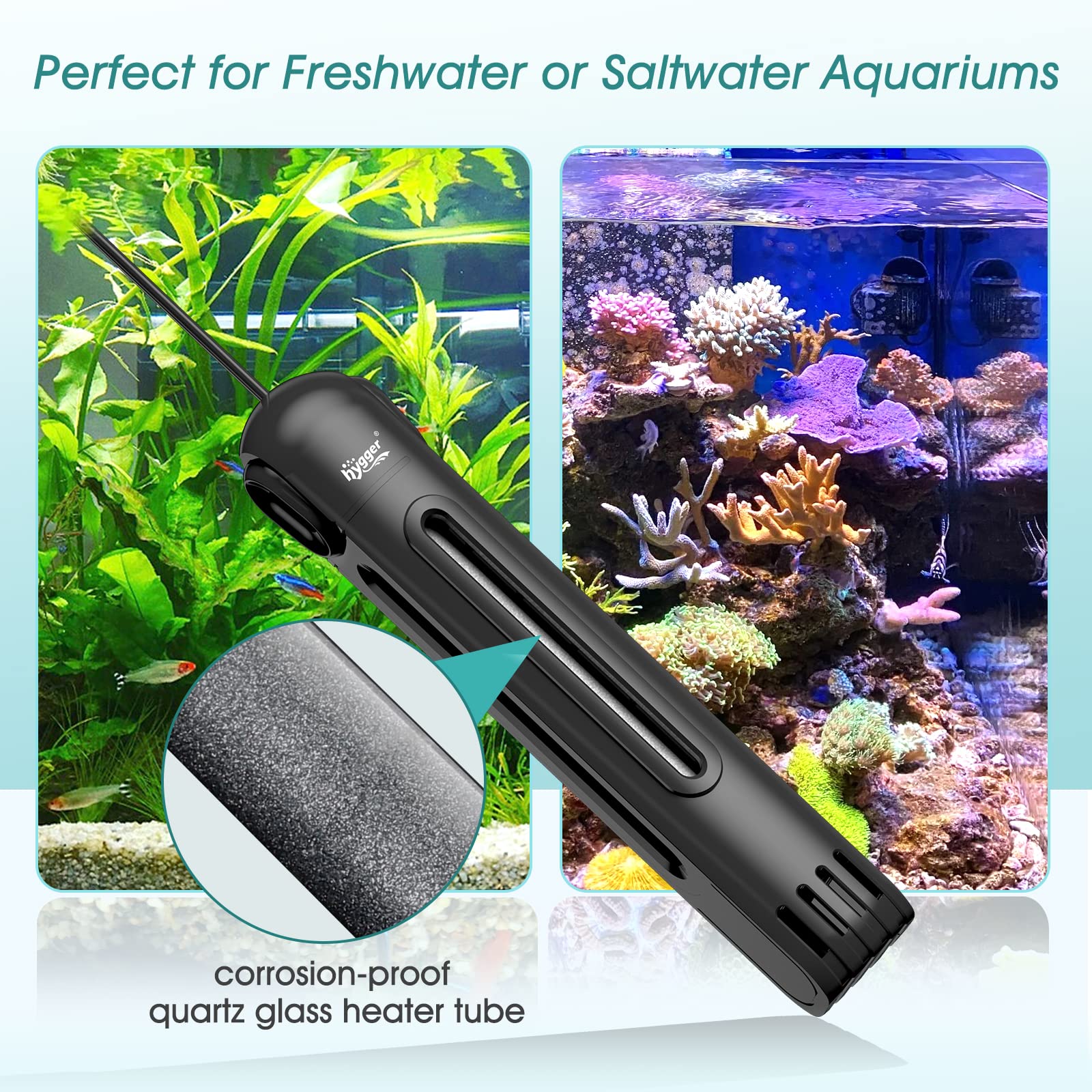 Hygger 300W Submersible Aquarium Heater with Digital Controller & Auto Shut Off - Fish Tank Heater for 40-65 Gallon Freshwater/Saltwater Reef Tanks - Perfect for Tropical Fish, Marine Life & Coral Care