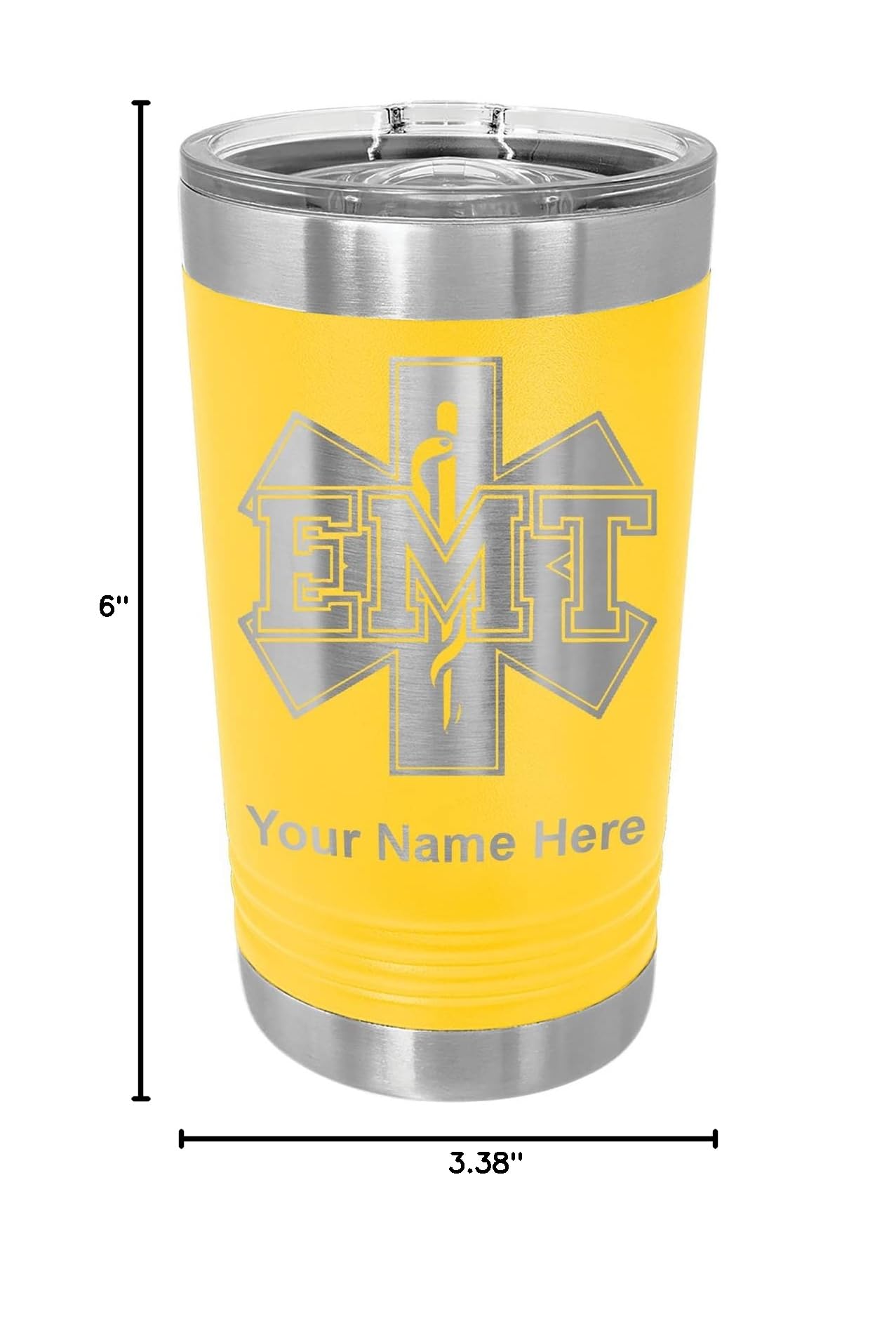 LaserGram 16oz Vacuum Insulated Stainless Steel Tumbler with Personalized Engraving - EMT Emergency Medical Technician Gift - Yellow - Perfect for Coffee, Tea & Cold Drinks at Work or Outdoor Adventures