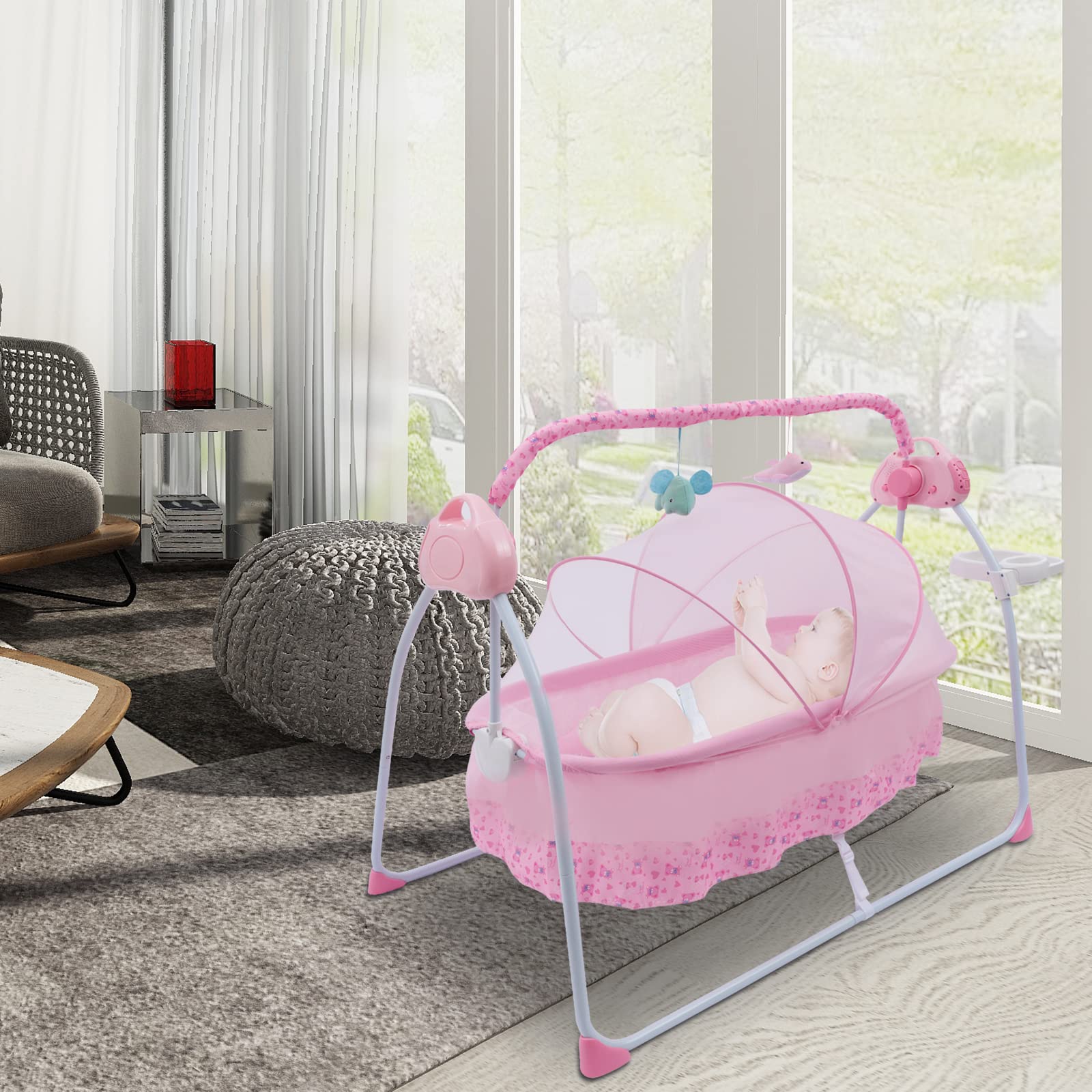 Portable Electric Baby Swing Rocker with Remote Control - Foldable Infant to Toddler Rocking Chair with 5 Adjustable Speeds, Music, Timer & Pink Stand - Perfect for Nursery, Travel & Soothing Fussy Babies