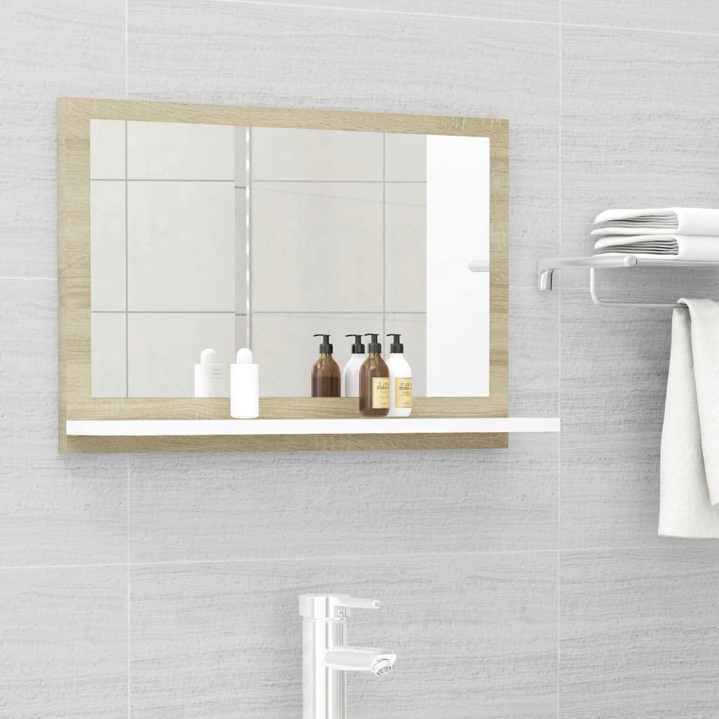 Modern Bathroom Mirror Cabinet with Storage - Wall Mounted Vanity Mirror & Shelf Organizer for Bathroom & Living Room - White & Sonoma Oak Finish - 23.6