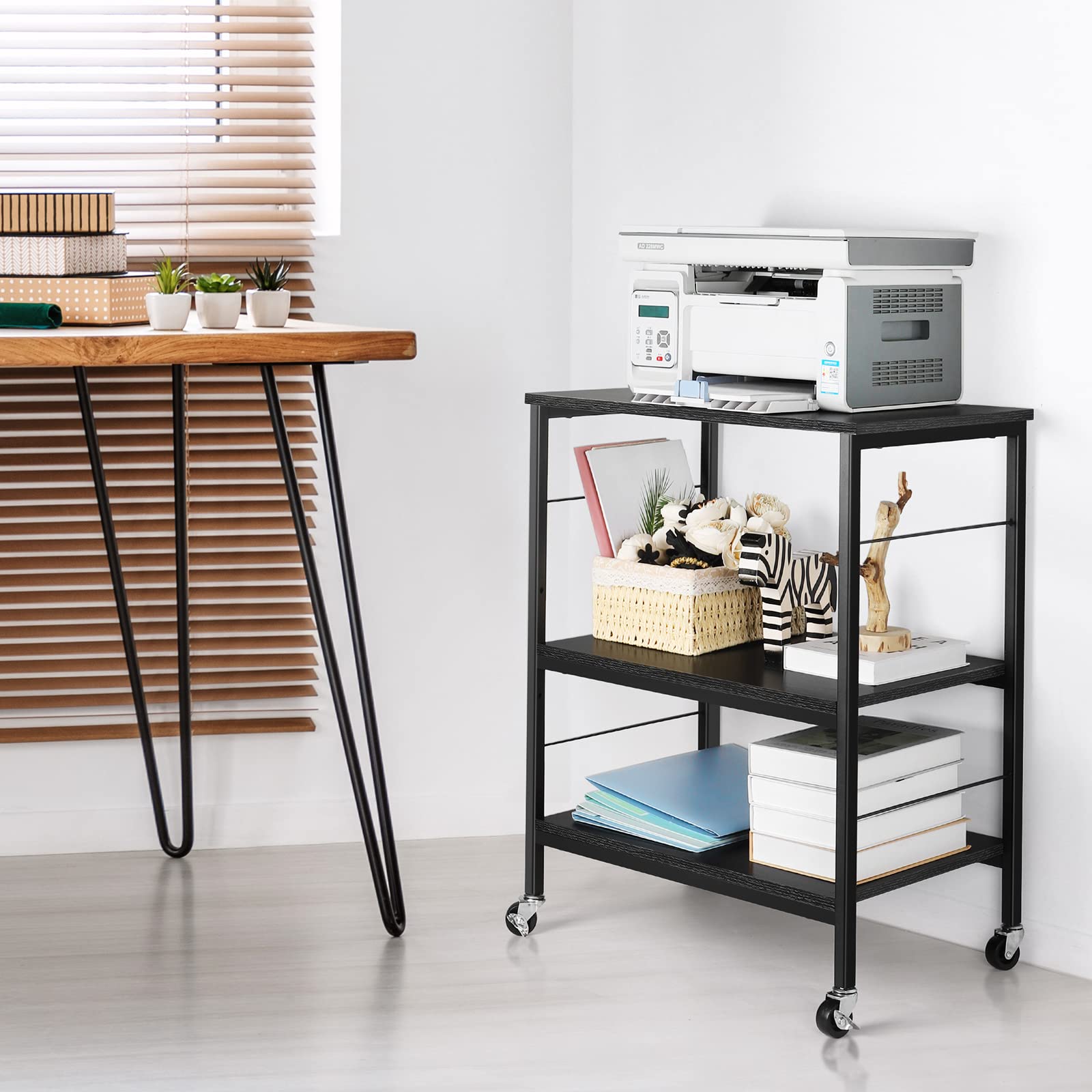 3-Tier Microwave Stand with Wheels & Storage - Black Kitchen Cart, Bakers Rack & Coffee Bar Organizer with 10 Hooks - Perfect for Small Spaces, Living Room, Bedroom & Kitchen Organization (Nightstand, End Table Alternative)