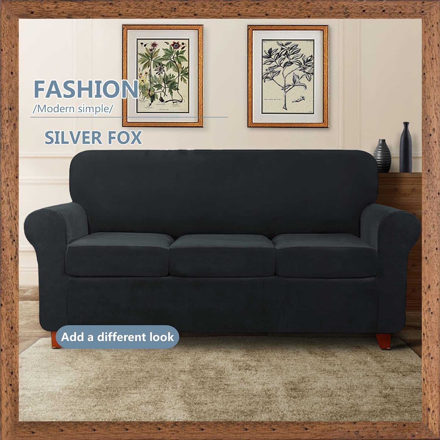 Velvet Stretch Sofa Slipcover with Separate Seat Cushion Covers - Super Soft Non-Slip Couch Cover Furniture Protector with Elastic Bands for 3-Seater Sofa (Black) | Perfect for Living Room, Home Decor & Furniture Protection
