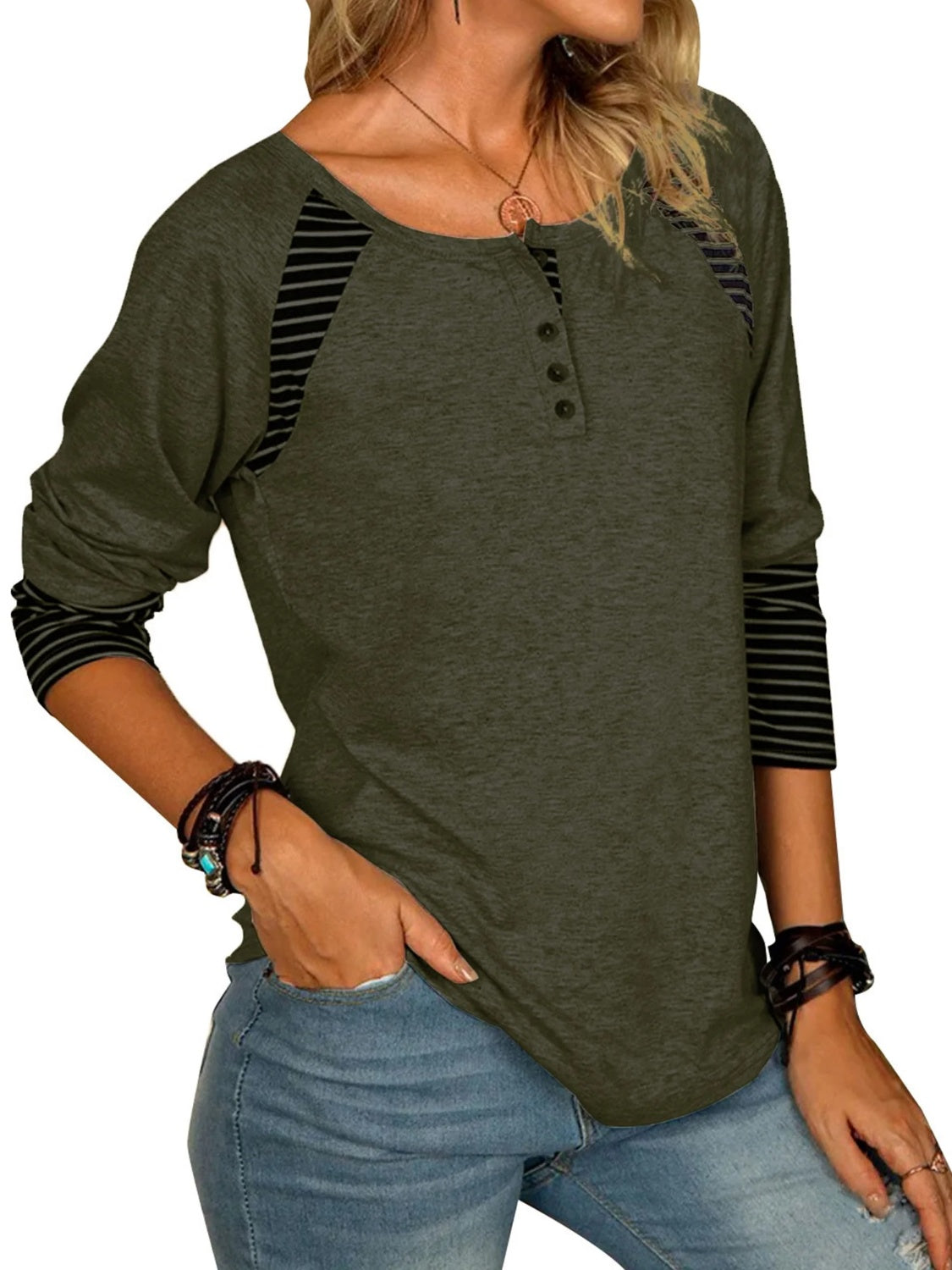 Men's Full Size Striped Quarter Button Long Sleeve T-Shirt - Casual Comfort Wear for Everyday Outfits & Layering