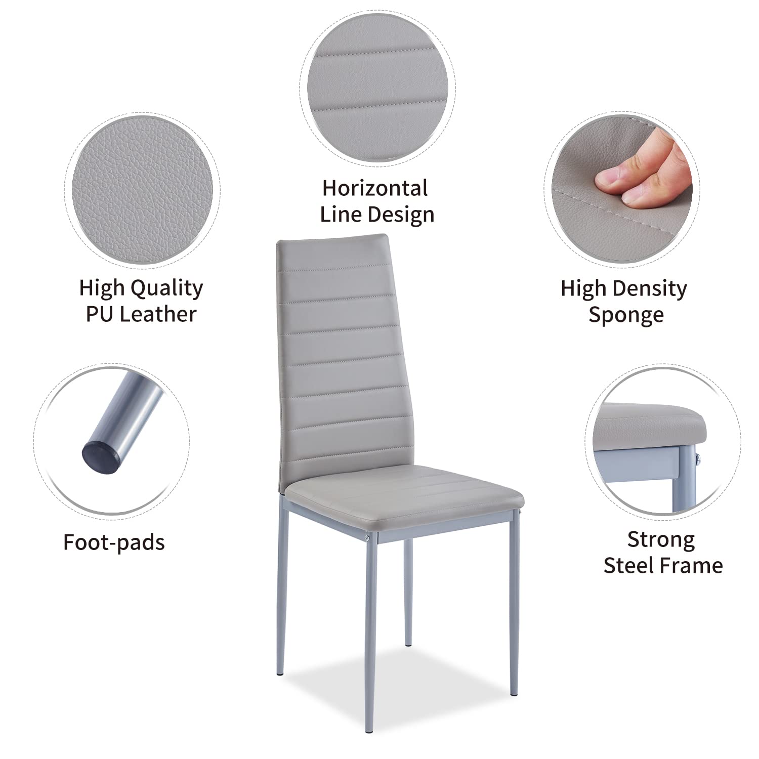 Gray Dining Chairs Set of 4 - Modern Upholstered PU Leather Side Chairs with Metal Legs for Kitchen & Dining Room | Washable & Durable | Perfect for Family Meals, Dinner Parties & Small Spaces