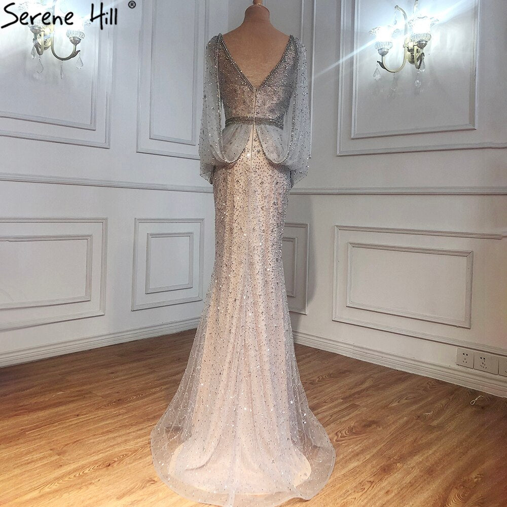 Elegant Grey Mermaid Evening Dress with Sparkle Beading & Crystal Details - Women's Luxury Party Gown for Prom, Wedding, or Formal Events - LA70847