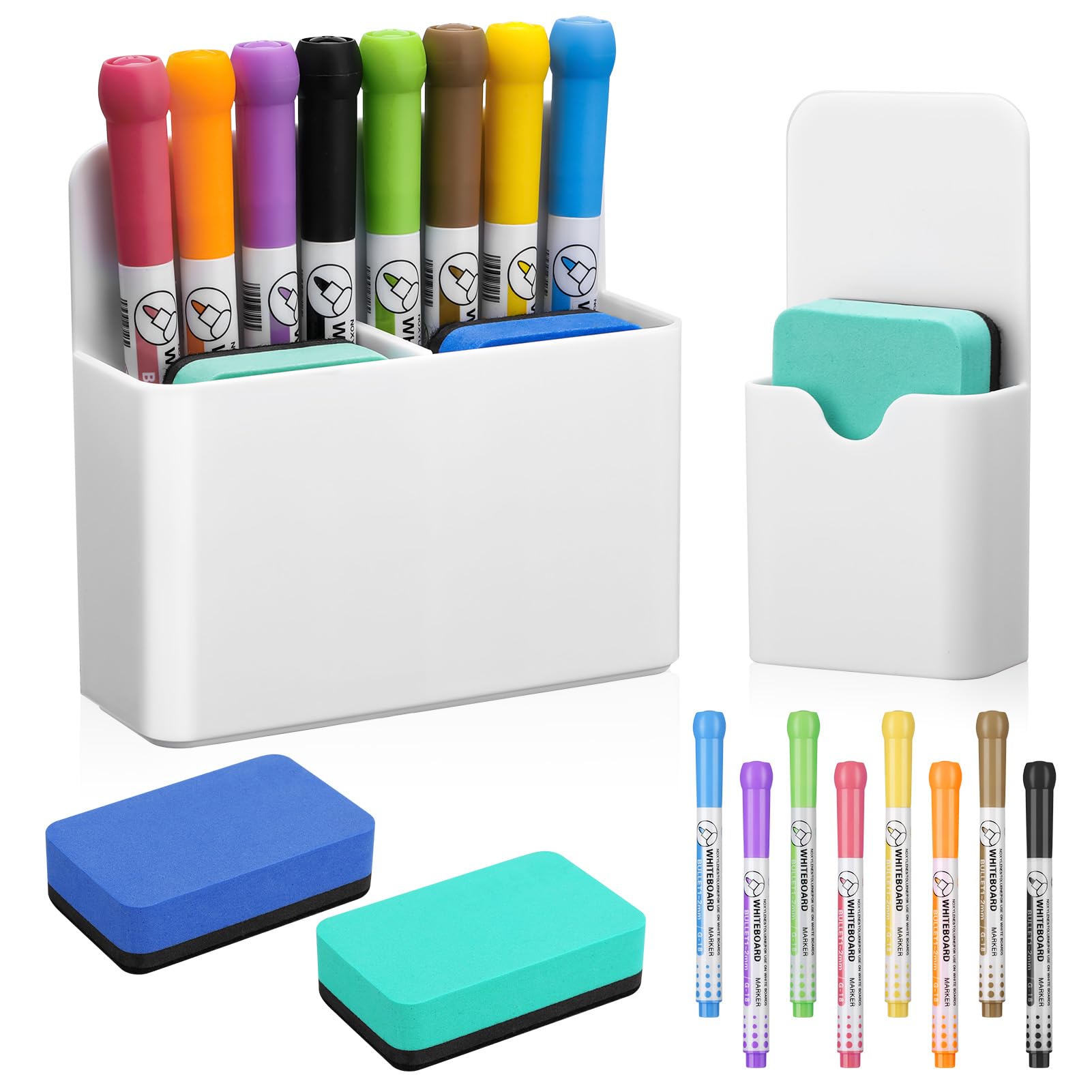 Vyuwast 12-Piece Whiteboard Accessories Set - 2 Magnetic Pen Holders with 2 Whiteboard Erasers & 8 Whiteboard Markers - Magnetic Organizer for School, Office, Whiteboard, Refrigerator (White) - Perfect for Classroom, Home Office & Kitchen Organization
