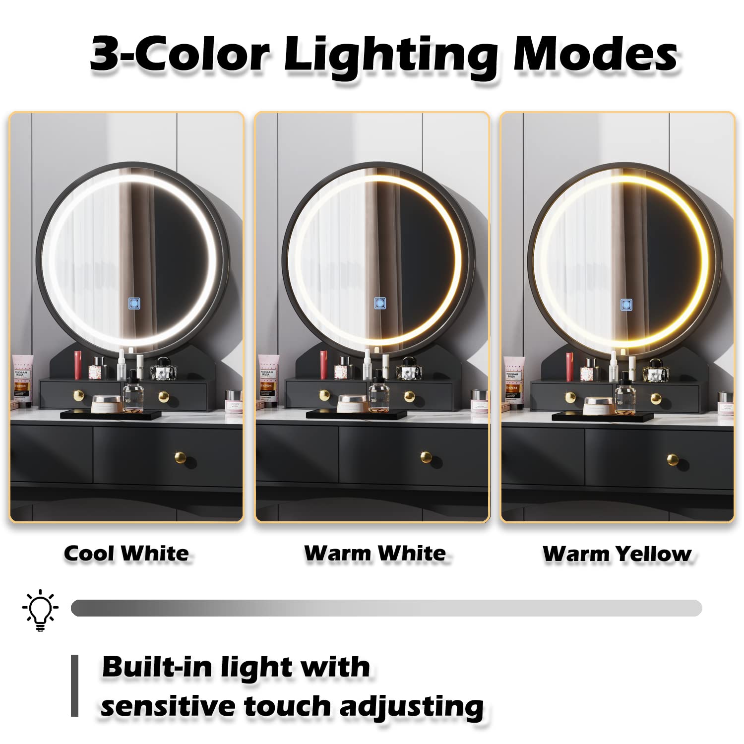 Furmax Modern Vanity Desk with LED Lighted Mirror, Makeup Vanity Table Set with Soft Cushioned Stool & 4 Storage Drawers - Adjustable Brightness, 3 Color Options (Black) | Perfect for Bedroom, Dressing Room & Home Beauty Station