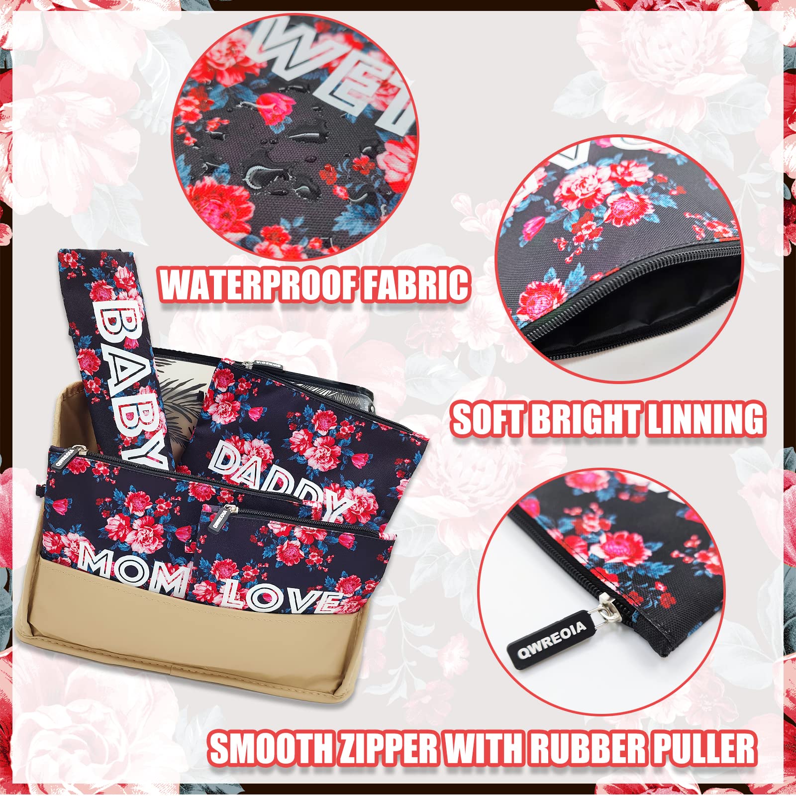 6 Pcs Waterproof Diaper Bag Organizer Set with Floral Print - Baby Essentials Pouches for Clothes, Bottles, Wet Bags & Cloth Diapers - Perfect for Travel, Daycare & On-the-Go Parents