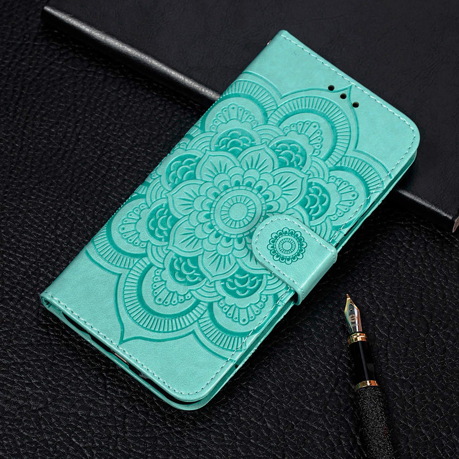 EYZUTAK Premium Leather Mandala Flip Wallet Case for iPhone SE (5G) 2022/iPhone 7/iPhone 8/iPhone SE 2020 - Ultra Slim Magnetic Stand Cover with Card Slots & Lanyard (Embossed Green) - Perfect for Travel, Work & Everyday Protection