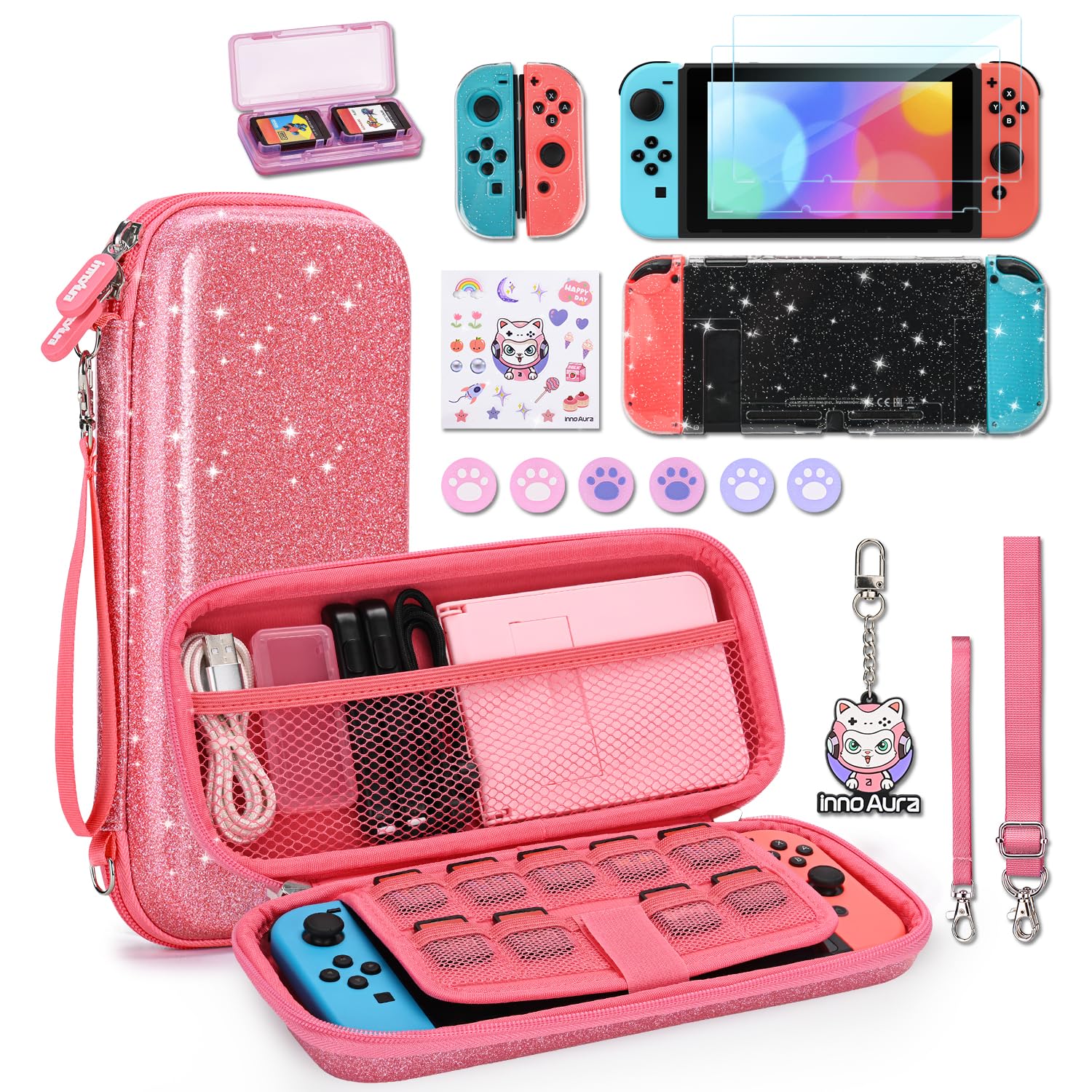 InnoAura 17-in-1 Nintendo Switch Accessories Bundle - Switch Carrying Case, Protective Case, Game Case, Screen Protector & Thumb Grips (Sequins Pink) | Perfect for Travel, Gaming On-The-Go & Switch Protection