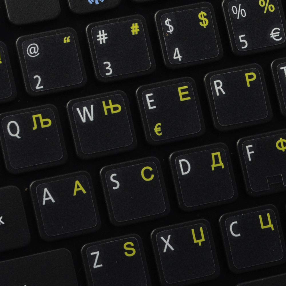 Serbian Keyboard Stickers - Transparent Background with Yellow Letters (14x14) | Perfect for Laptops, Desktops & Keyboards - Easy to Apply & Durable
