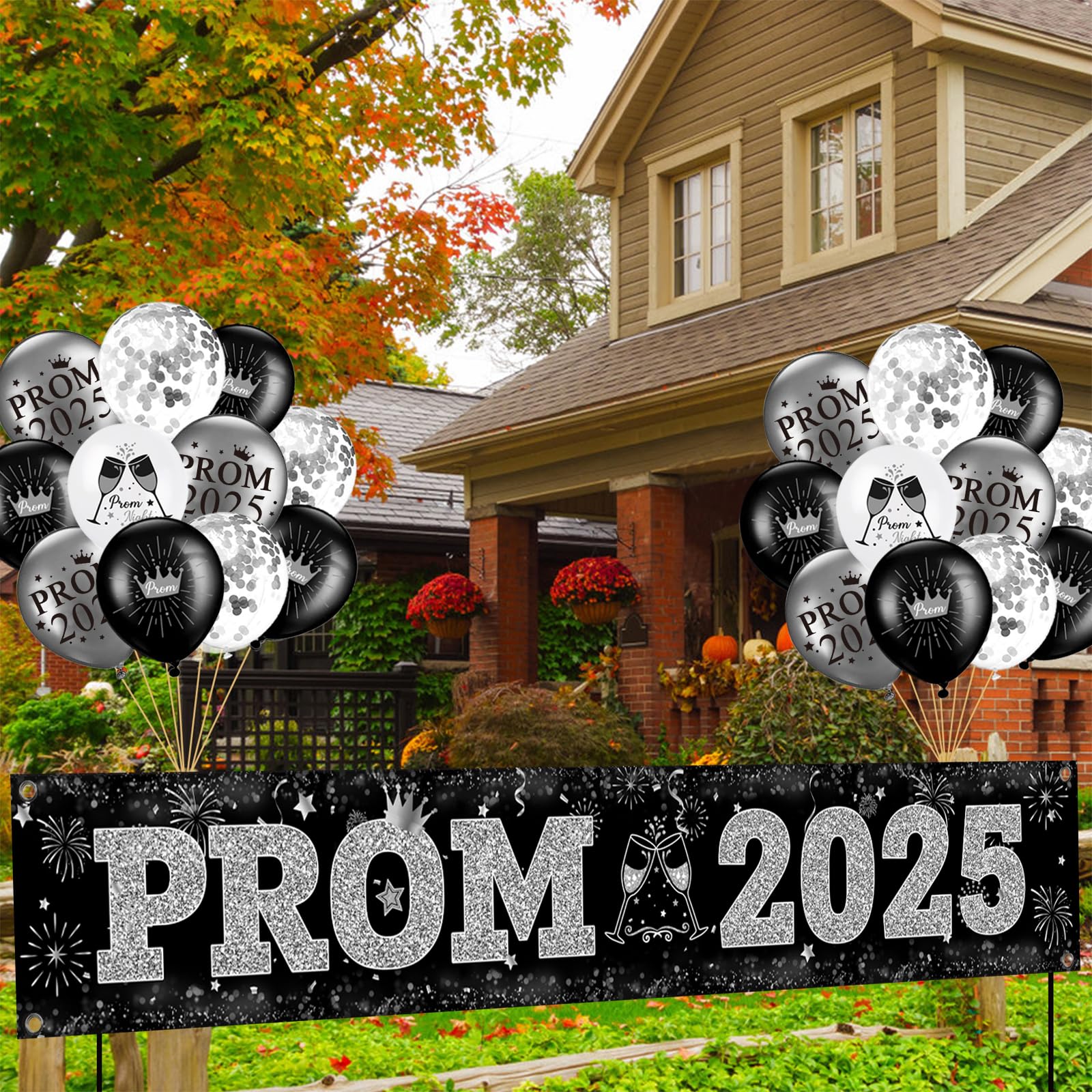 2025 Graduation Prom Banner Decorations - Black & Silver Yard Sign with Balloons (9.8x1.6 ft) for Prom Party, Send Off & Outdoor Decor | Perfect for High School Graduation Celebrations & Photo Backdrops