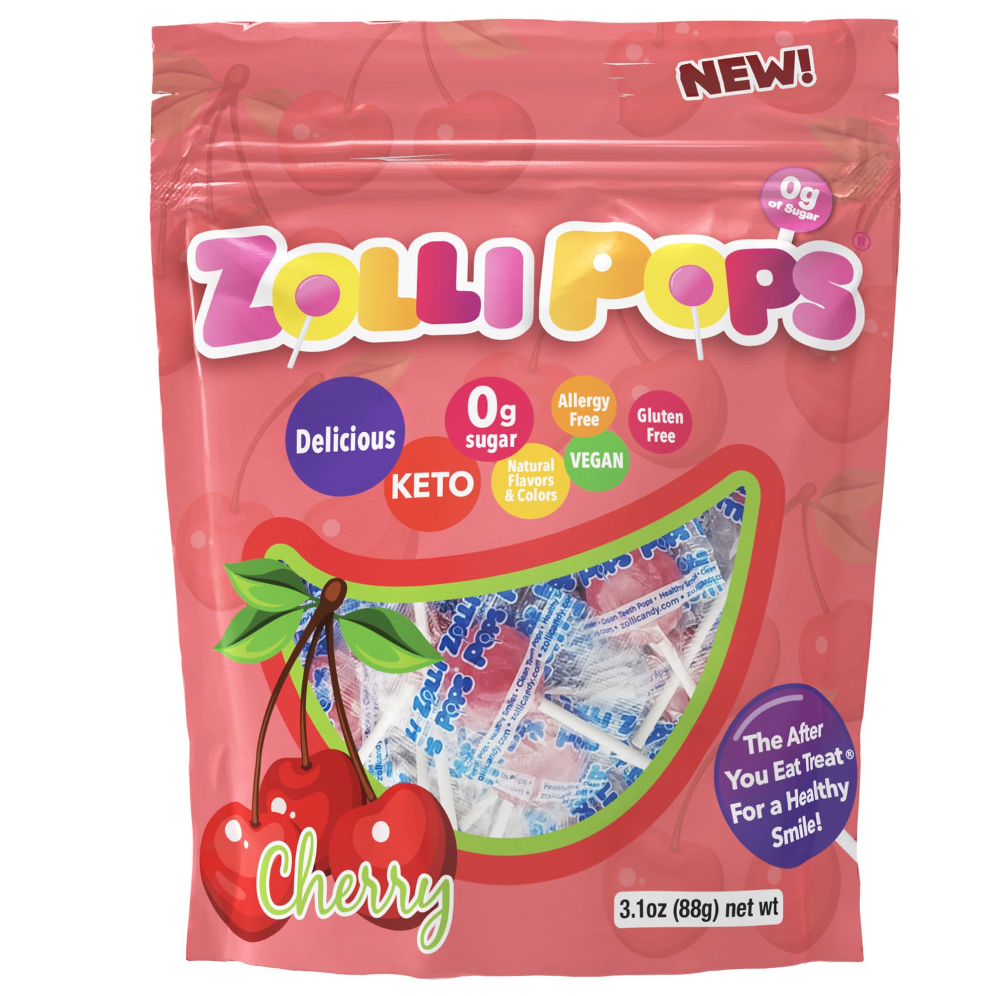 Zollipops Sugar-Free Clean Teeth Lollipops for Kids - Natural Cherry Flavor, 3.1oz (Pack of 10) - Healthy Candy Alternative for Dental Care & Fresh Breath - Perfect for Birthday Parties, School Treats & Halloween Goodie Bags