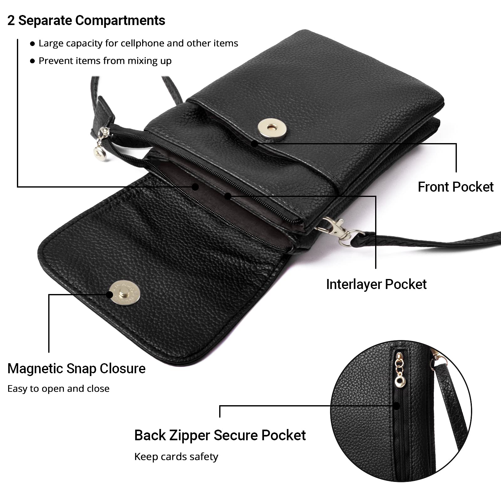 WITERY Small Crossbody Bags for Women - PU Leather Mini Phone Purse, Lightweight Black Cell Phone Wallet Pouch - Perfect for Travel, Shopping & Everyday Use